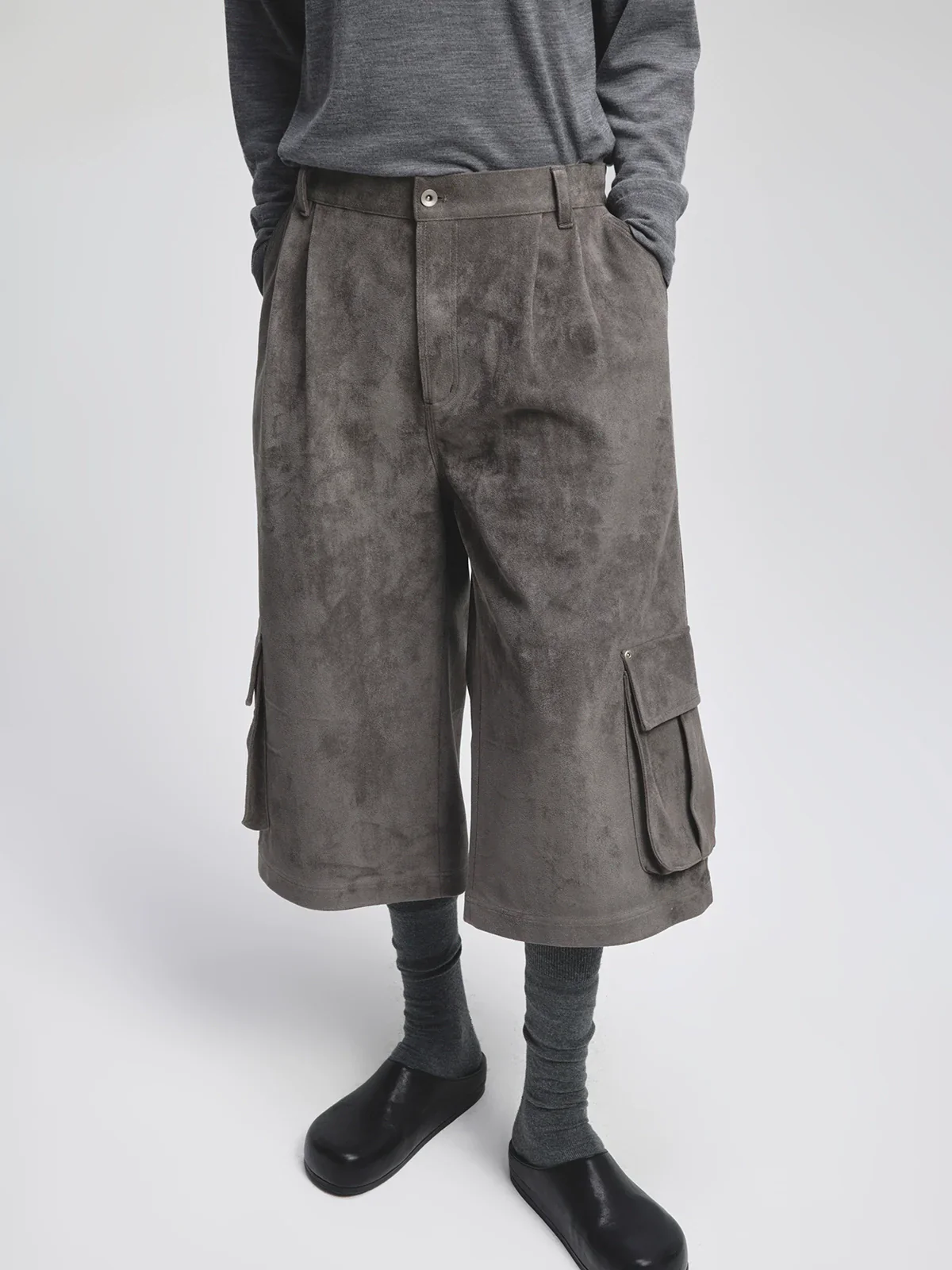 Faux Suede Cropped Cargo Pants