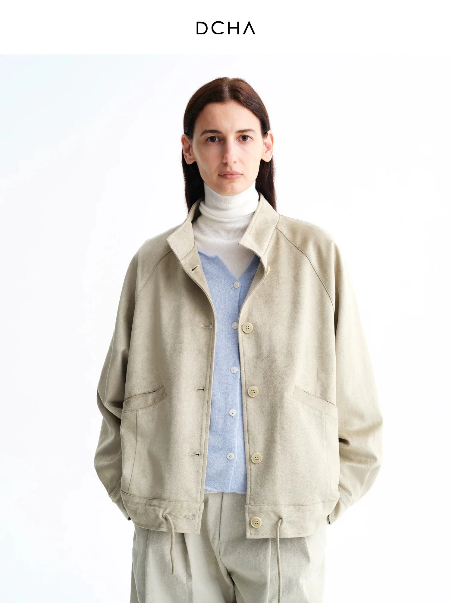 Faux Suede Stand-Collar Drawstring Jacket