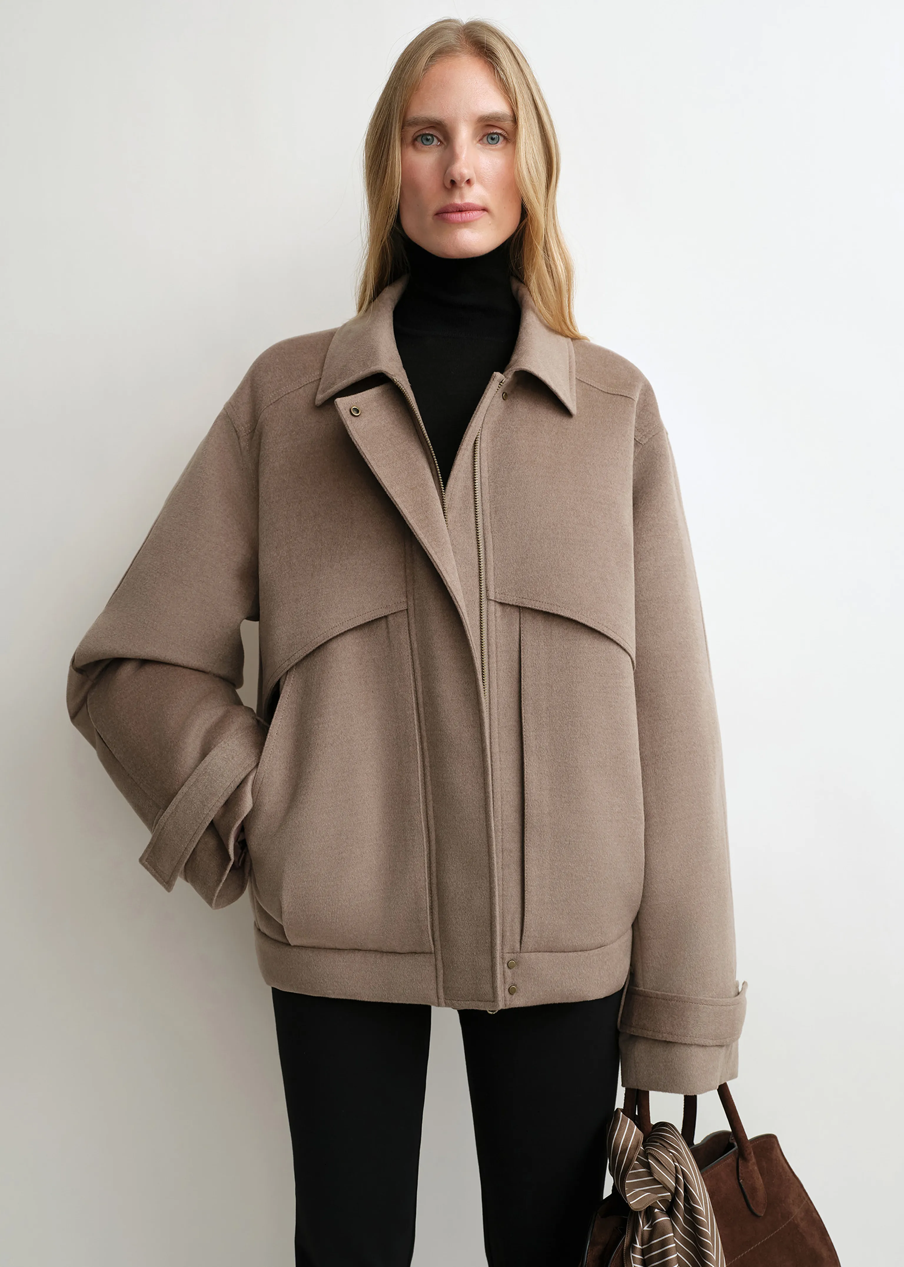 First-Shear Wool Bomber with Detachable Raccoon Fur Collar