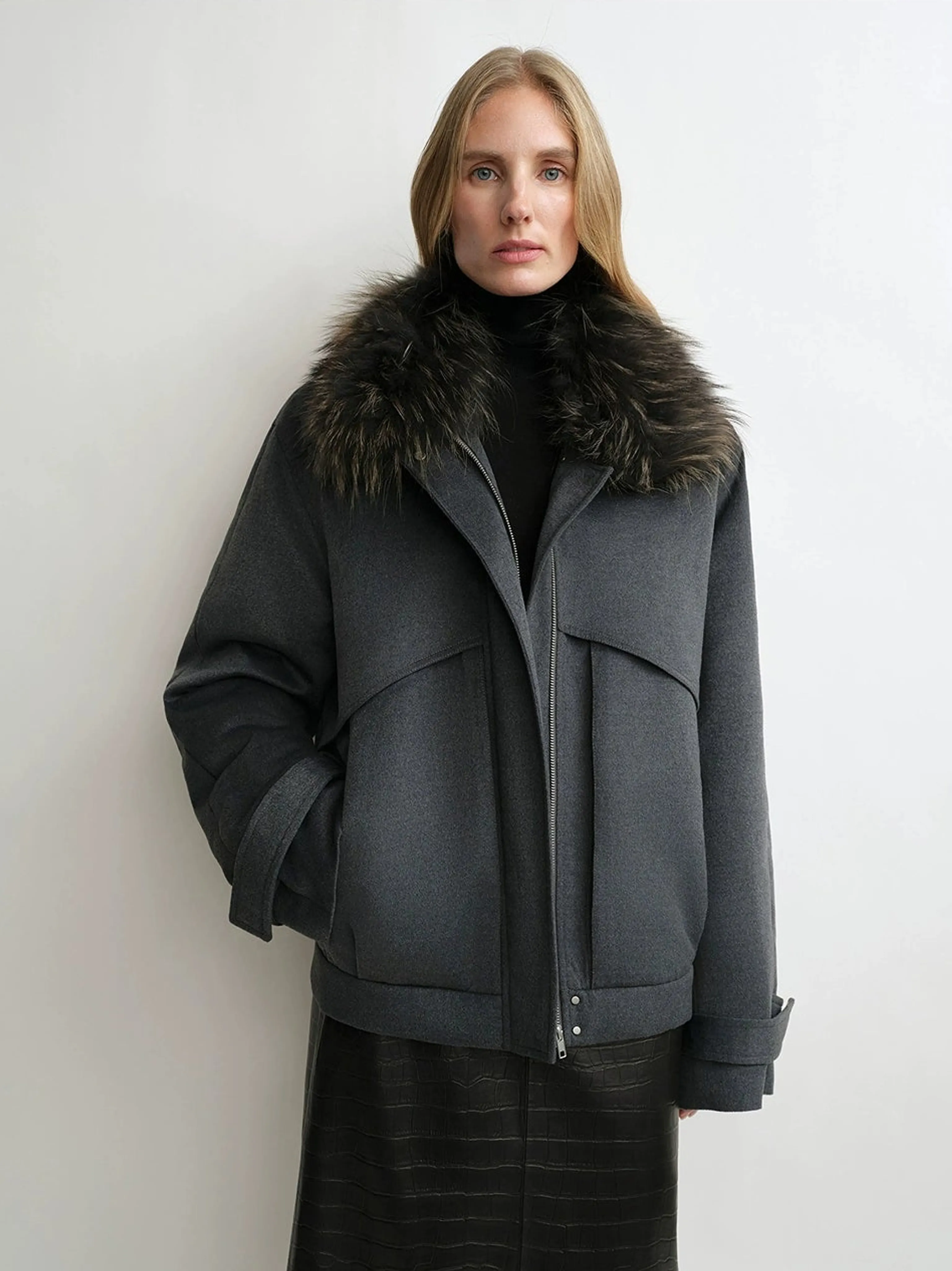 First-Shear Wool Bomber with Detachable Raccoon Fur Collar - Image 2