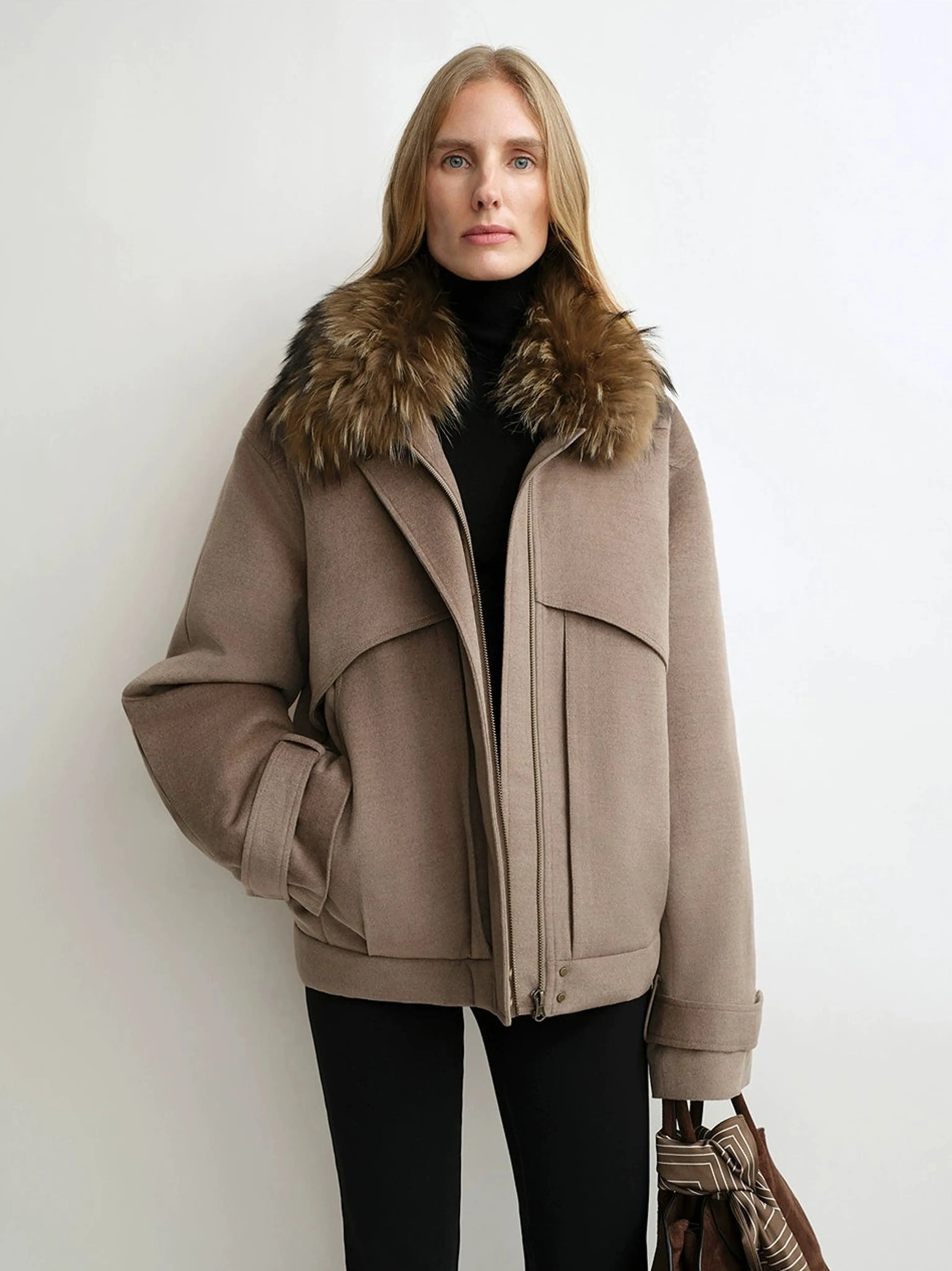 First-Shear Wool Bomber with Detachable Raccoon Fur Collar - Image 5
