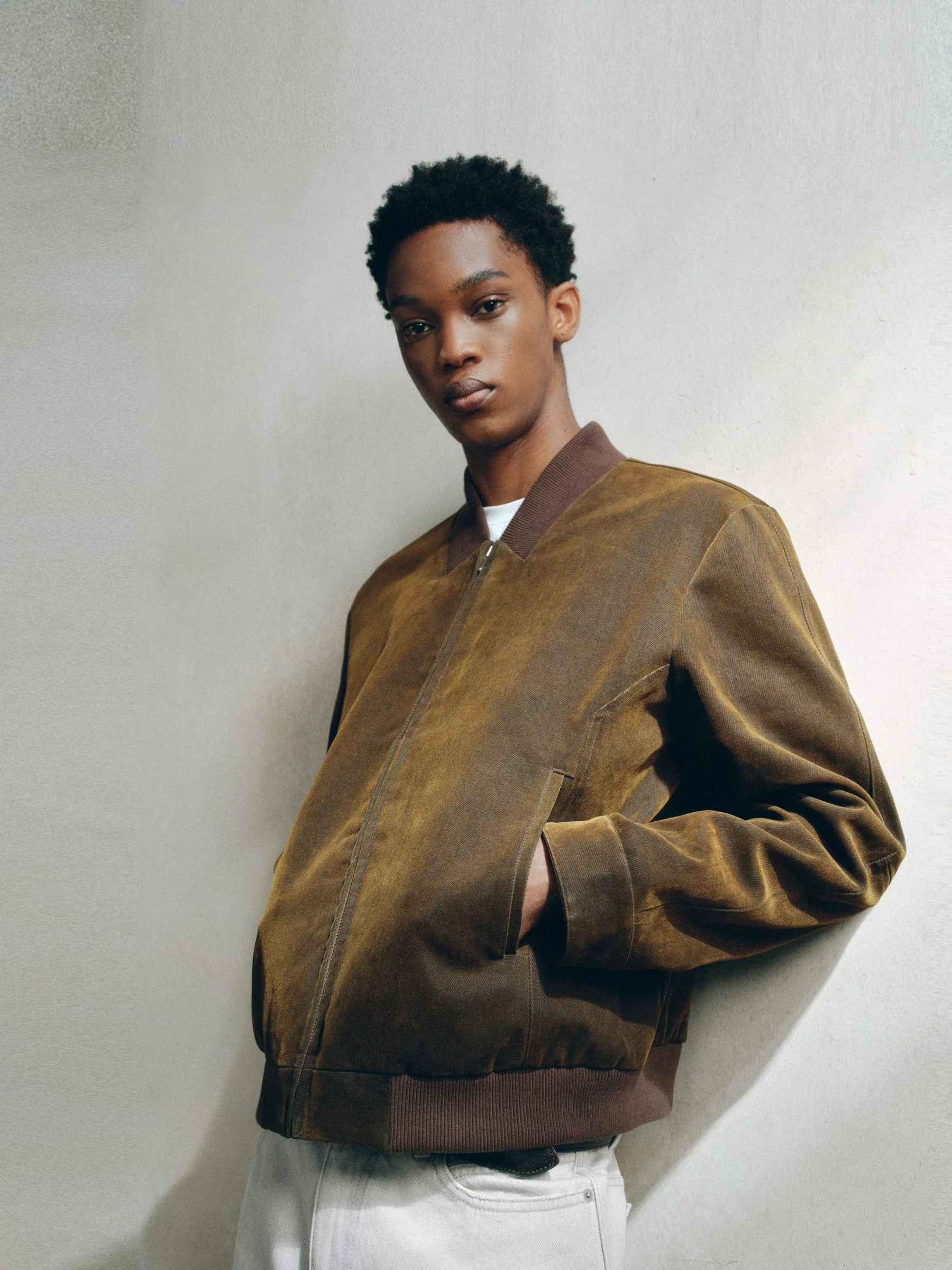 Flocked Denim Bomber Jacket - Image 4