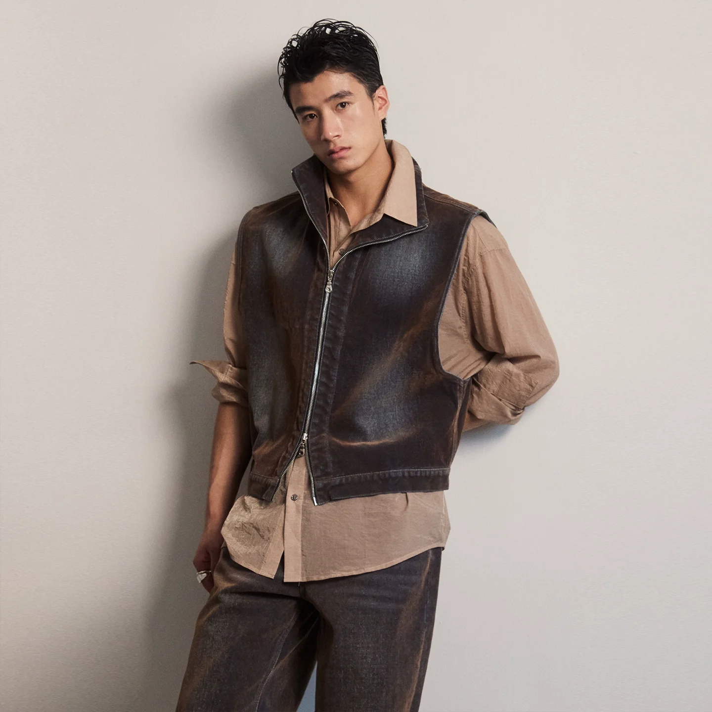 Flocked Denim Two-Way Zip Vest - Image 5