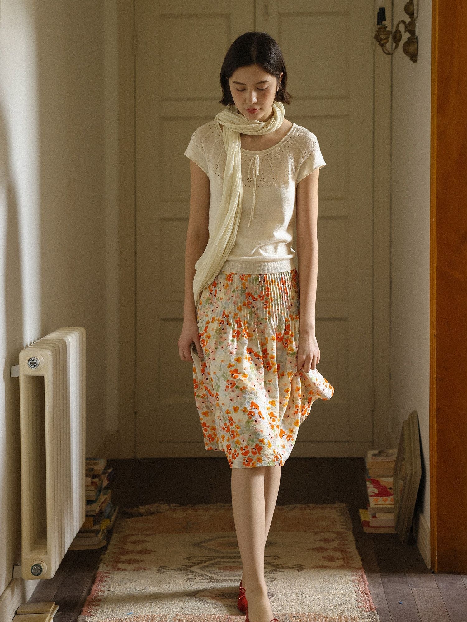 Floral Mulberry Silk Pleated Skirt - Image 5