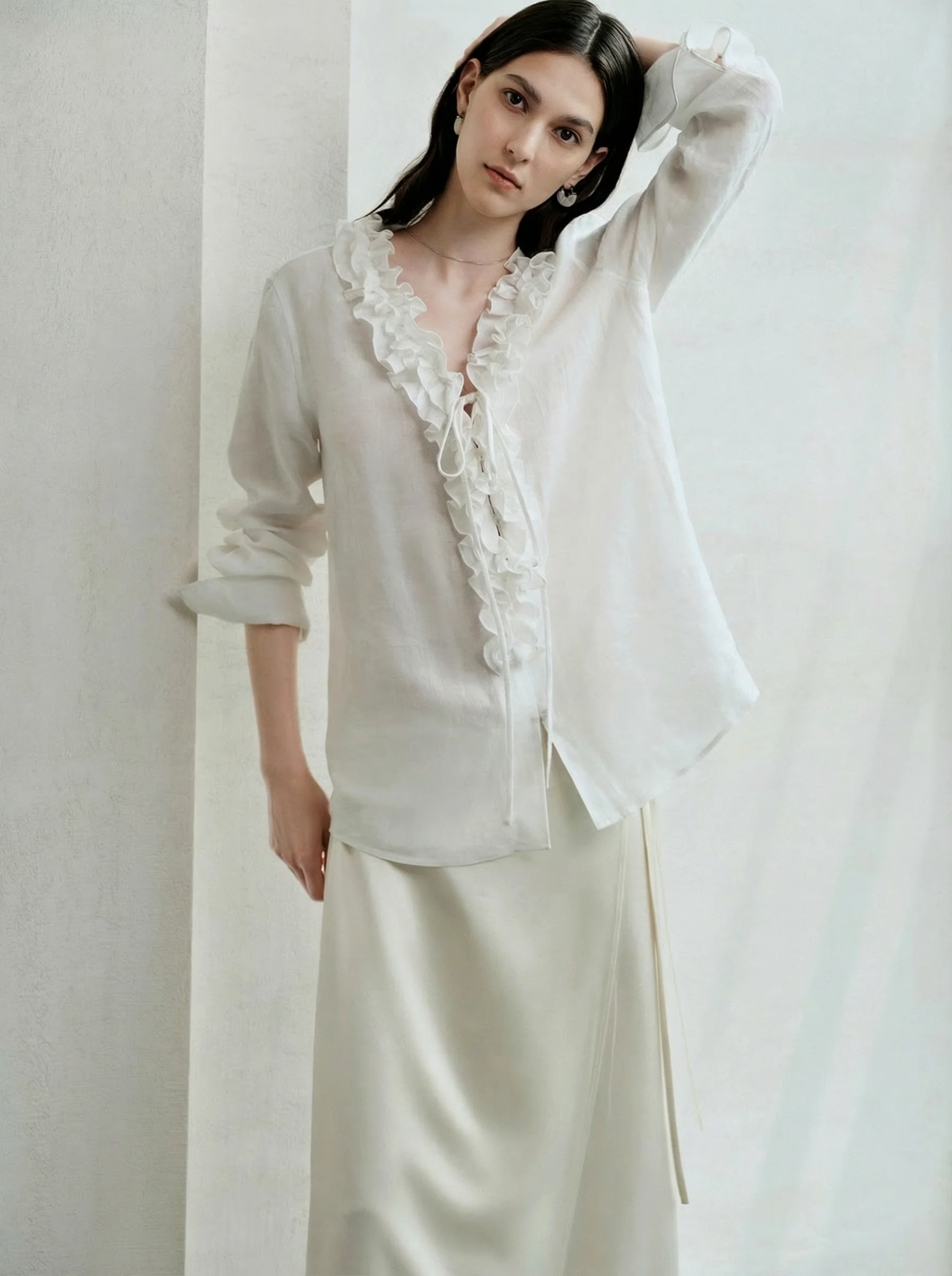 French Linen Ruffle V-Neck Shirt