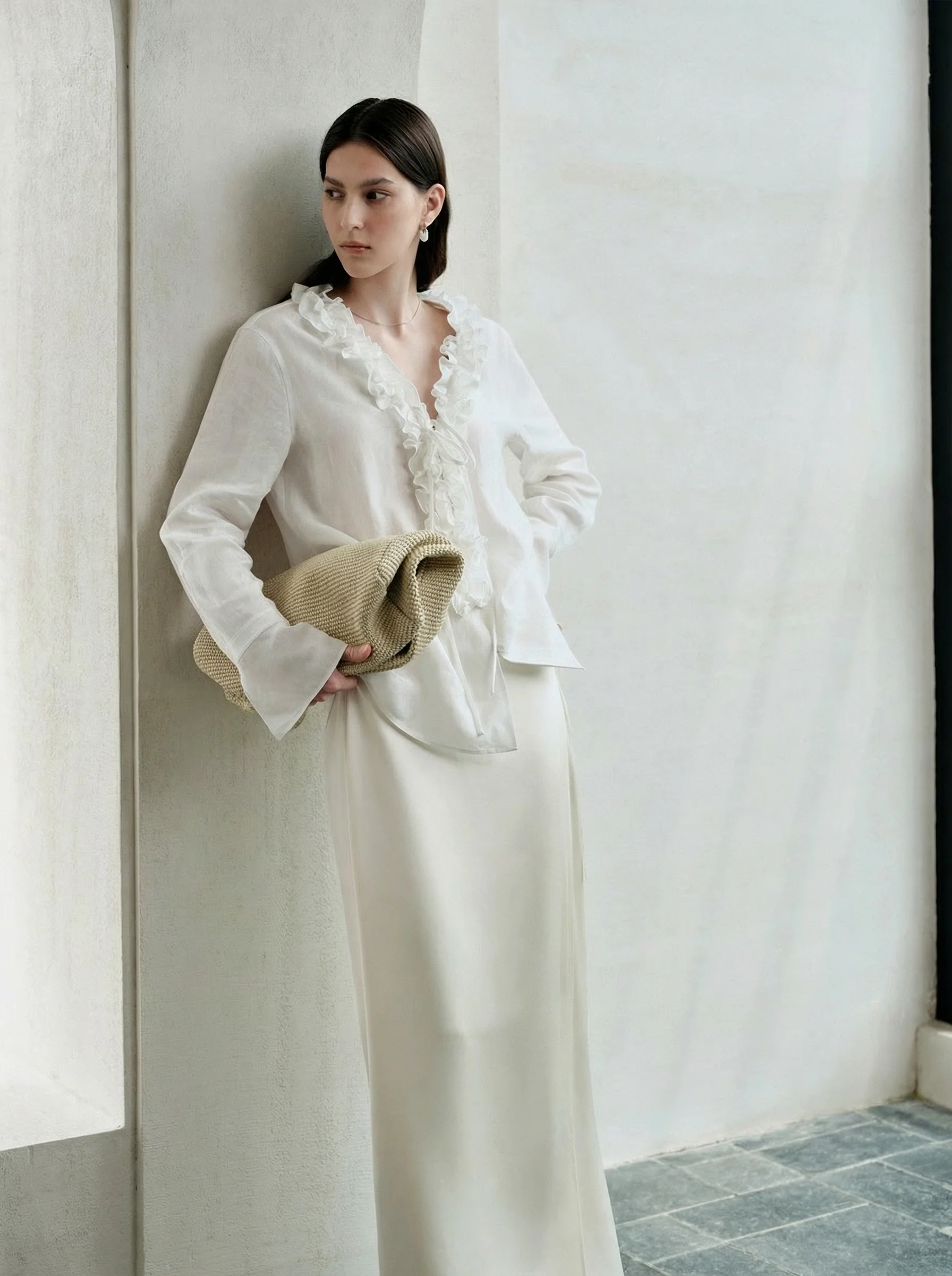 French Linen Ruffle V-Neck Shirt - Image 2