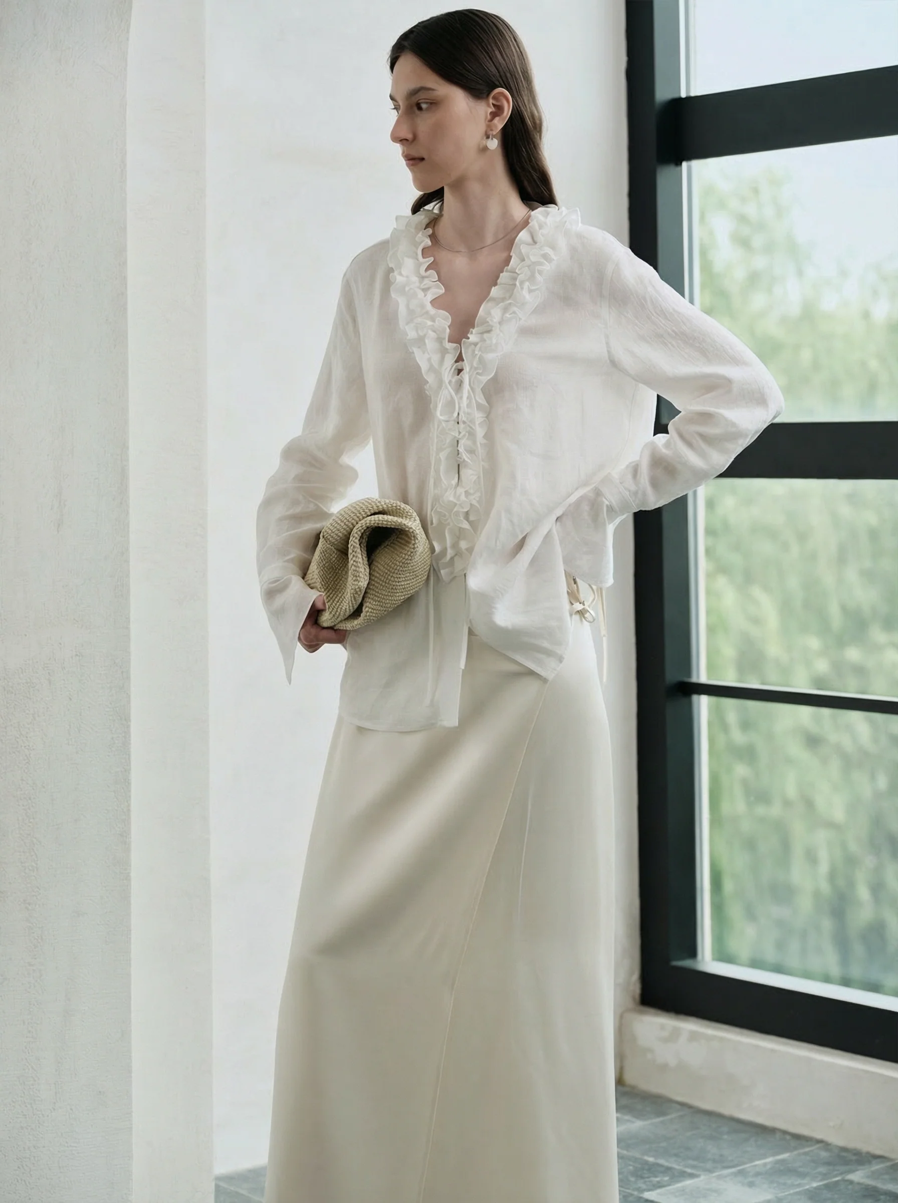 French Linen Ruffle V-Neck Shirt - Image 3