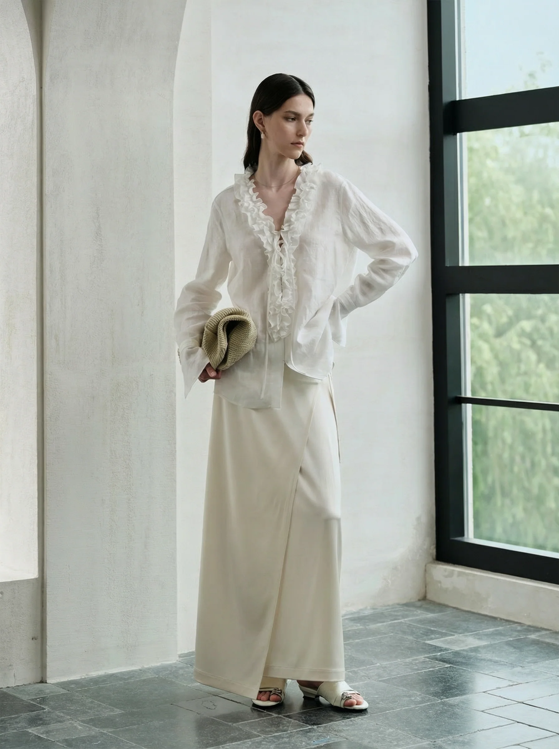 French Linen Ruffle V-Neck Shirt - Image 4