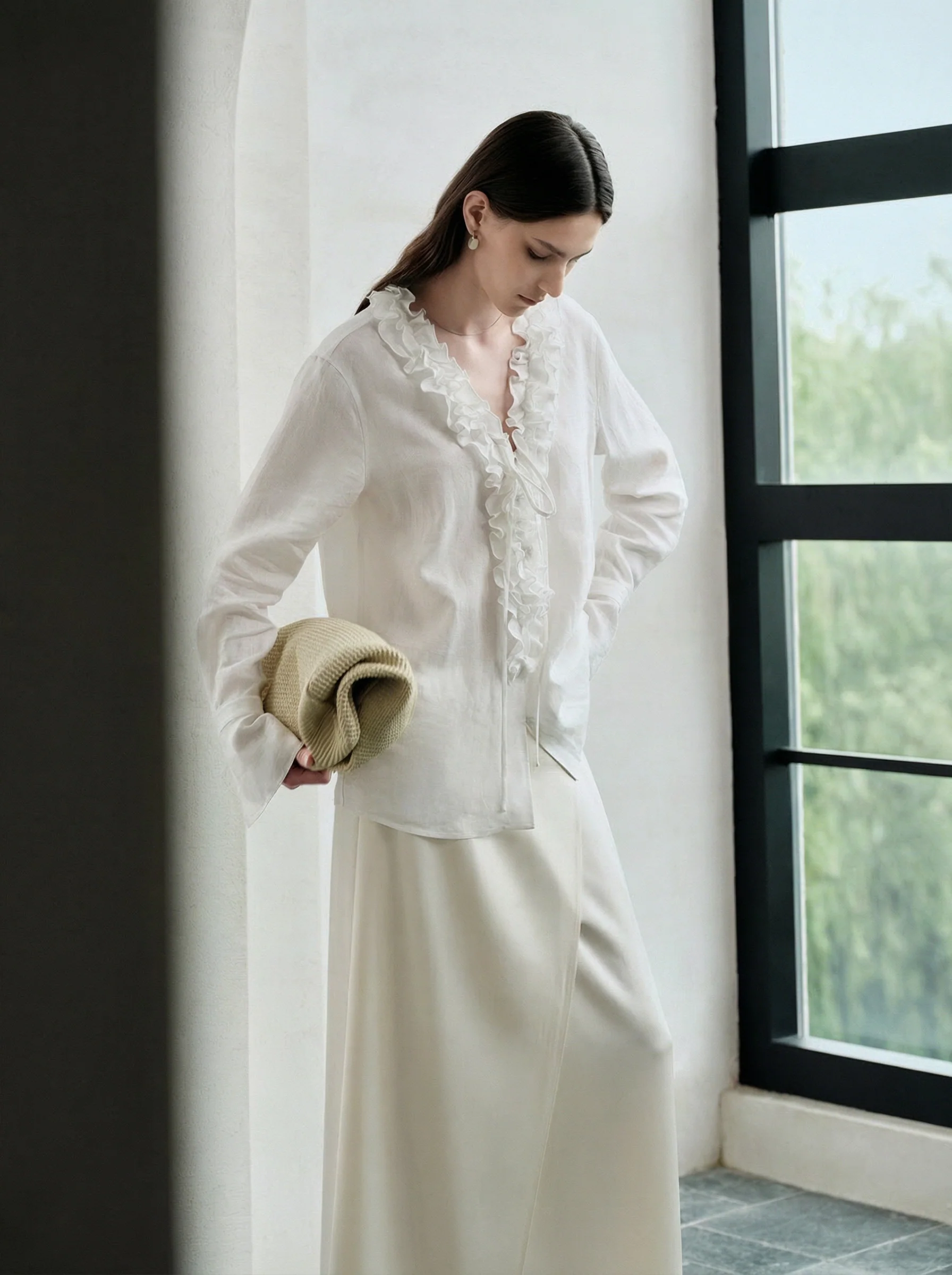 French Linen Ruffle V-Neck Shirt - Image 5