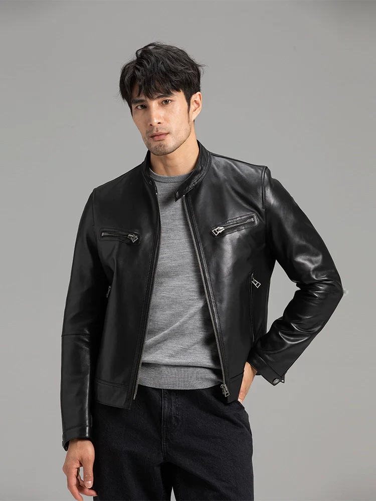 French Sheepskin Stand-Collar Moto Jacket