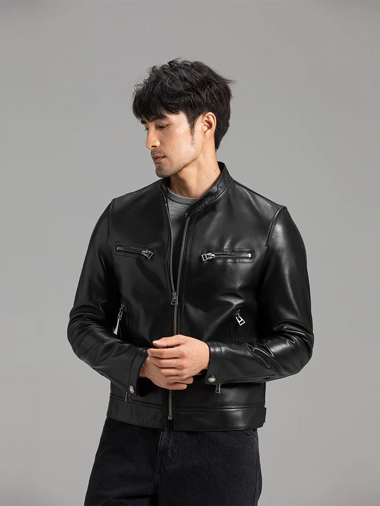 French Sheepskin Stand-Collar Moto Jacket - Image 2