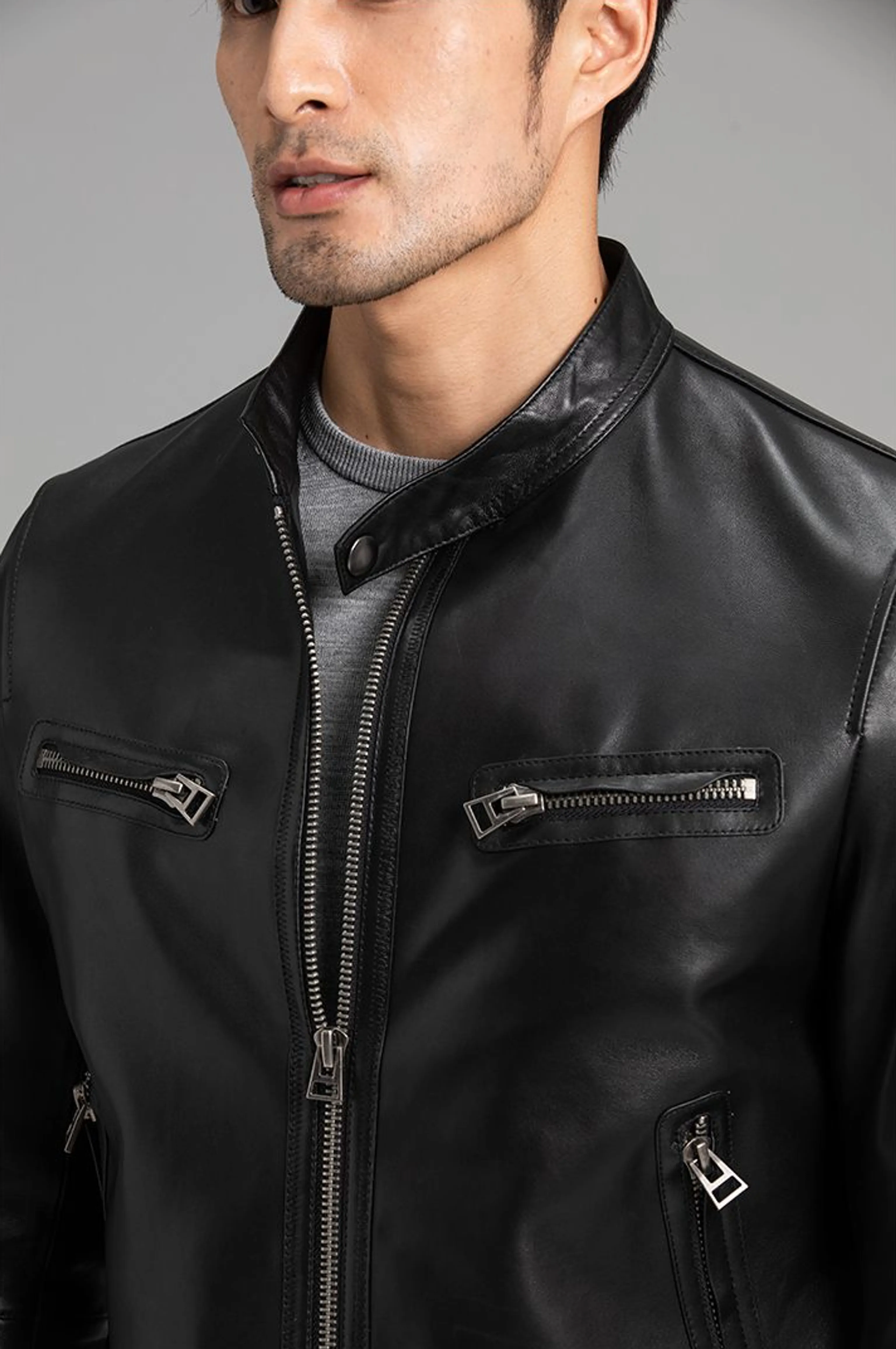 French Sheepskin Stand-Collar Moto Jacket - Image 4
