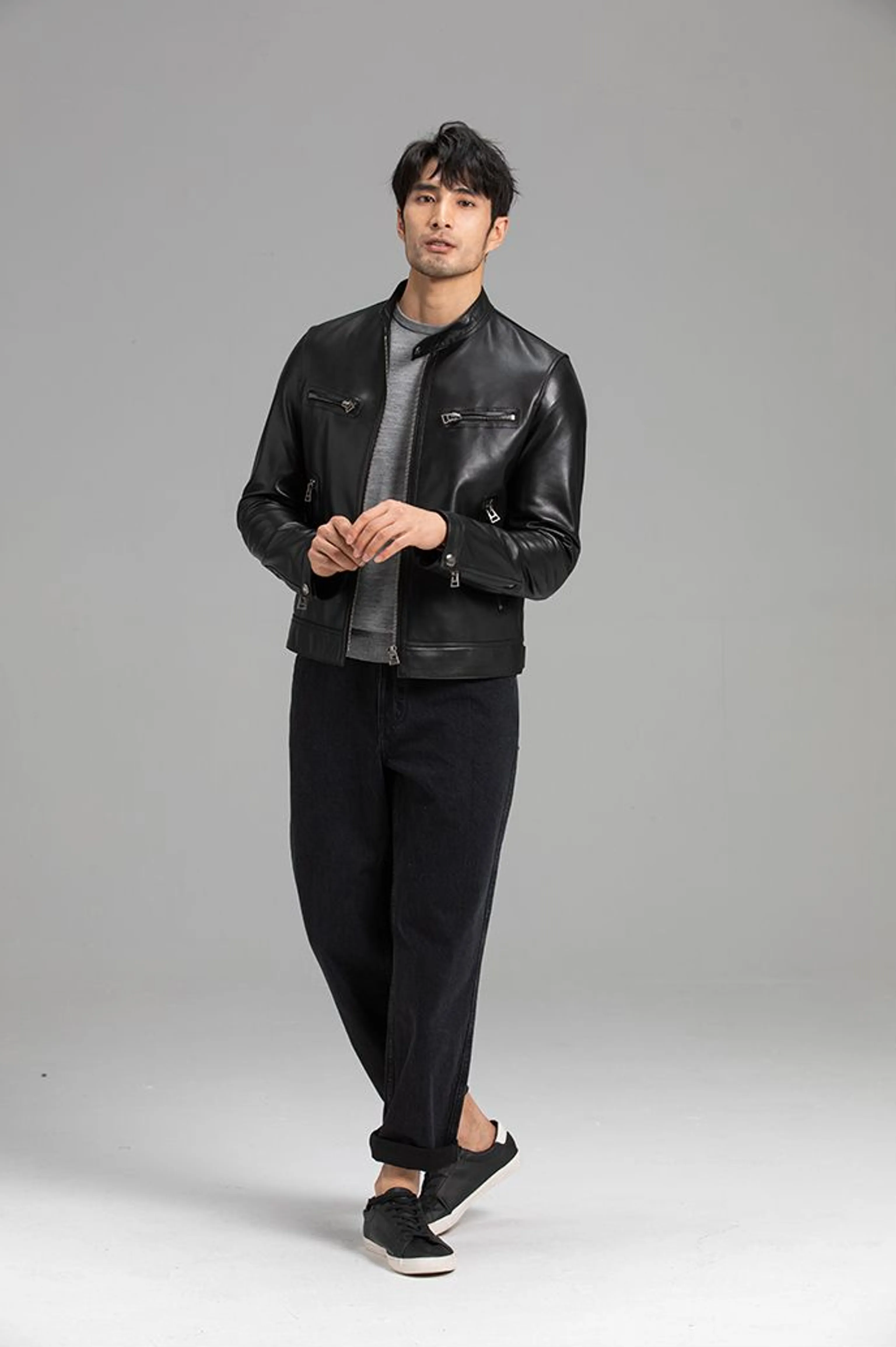 French Sheepskin Stand-Collar Moto Jacket - Image 5