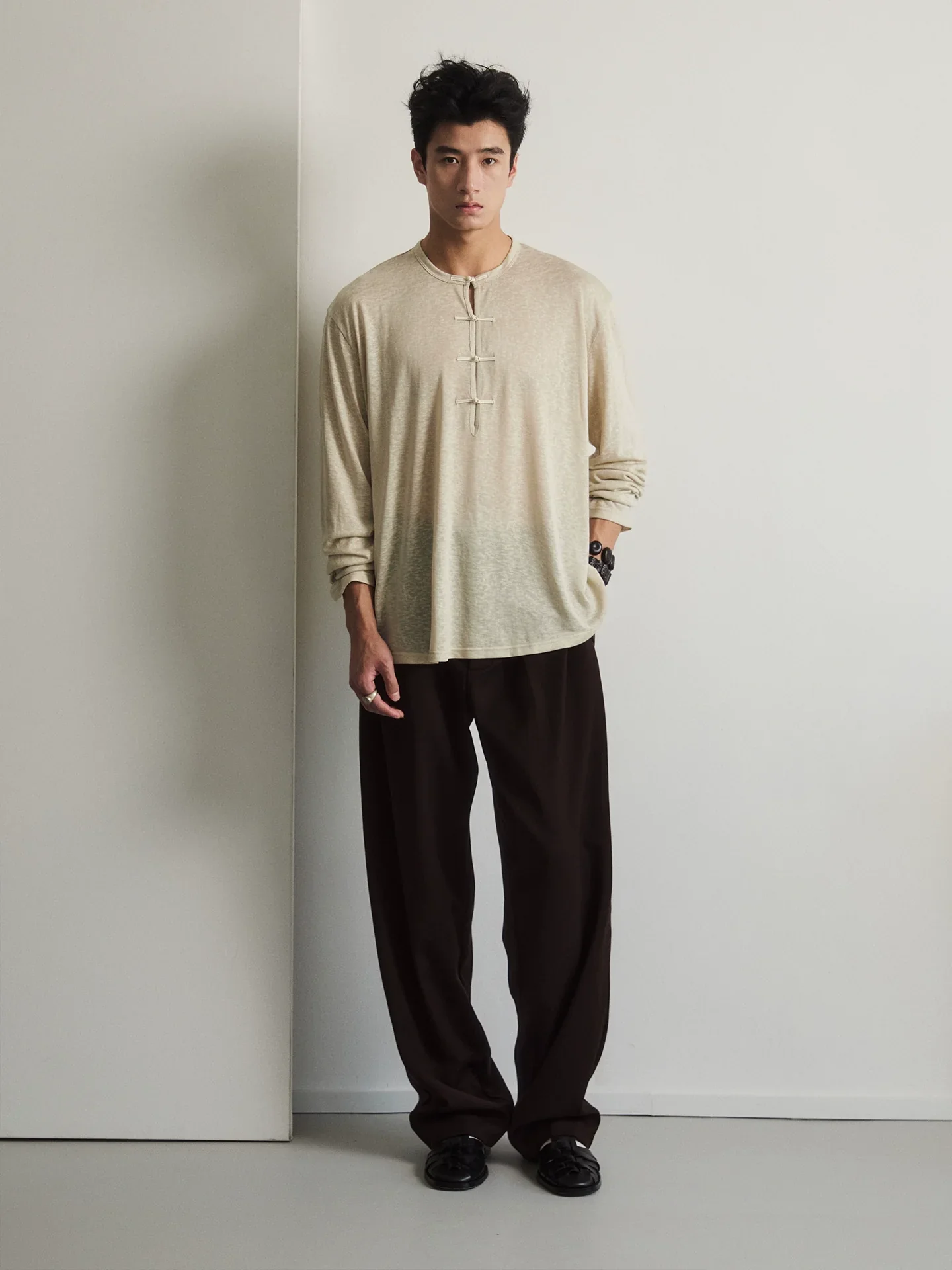 Frog-Button Split-Neck Long Sleeve Tee