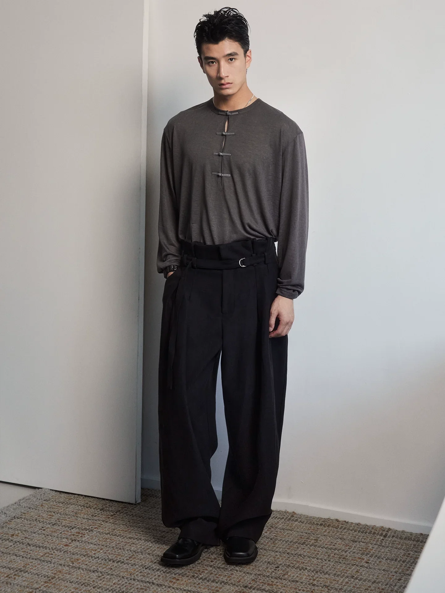 Frog-Button Split-Neck Long Sleeve Tee - Image 2