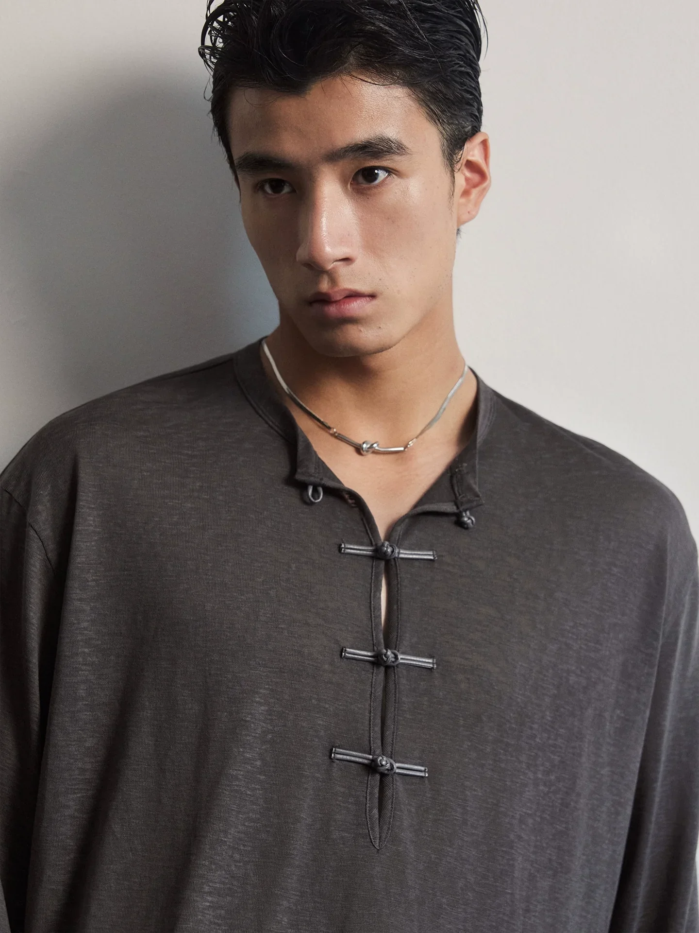 Frog-Button Split-Neck Long Sleeve Tee - Image 3