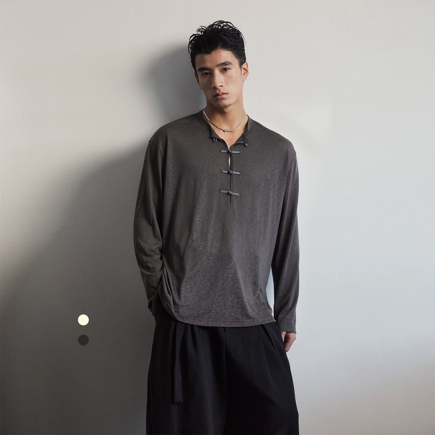 Frog-Button Split-Neck Long Sleeve Tee - Image 4