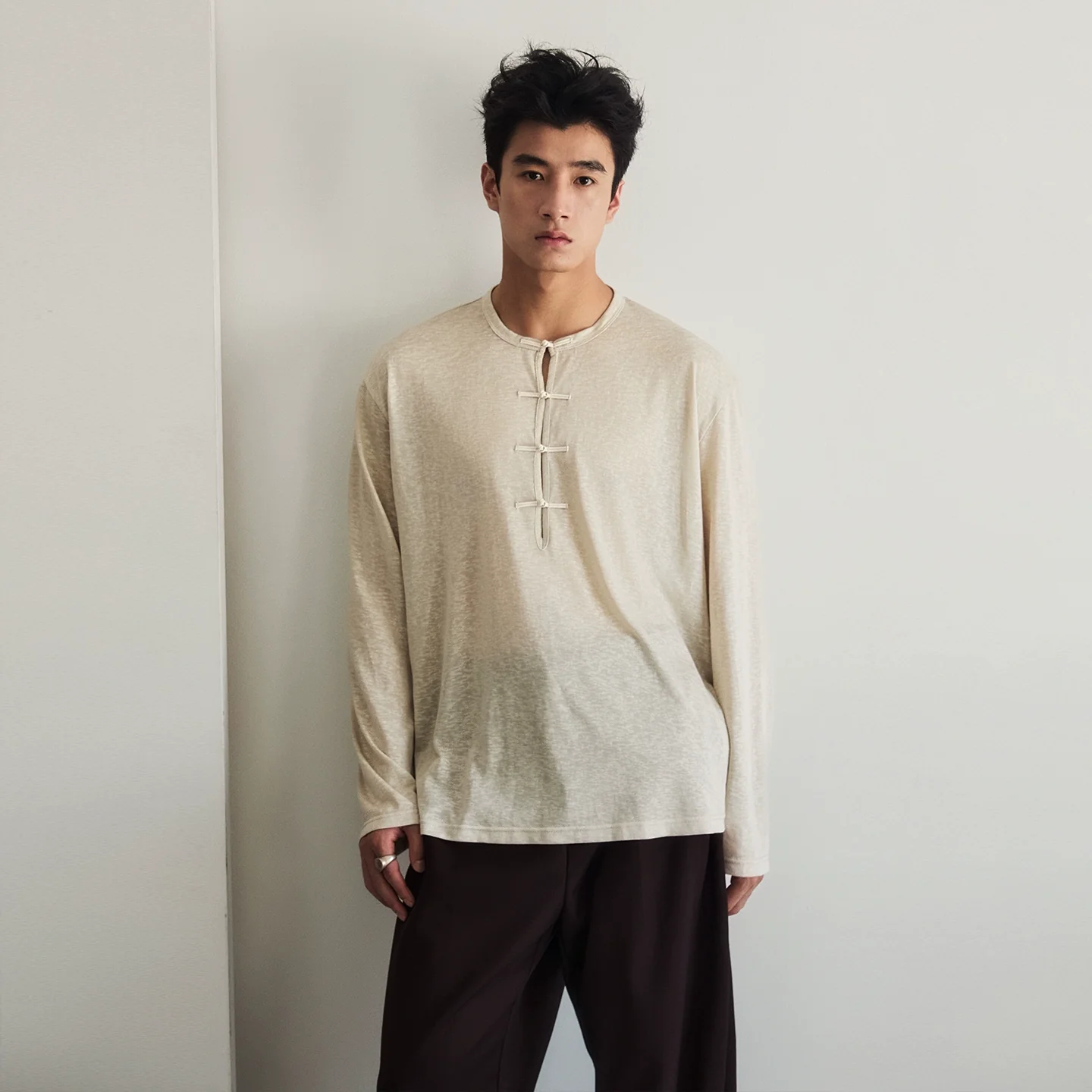 Frog-Button Split-Neck Long Sleeve Tee - Image 5