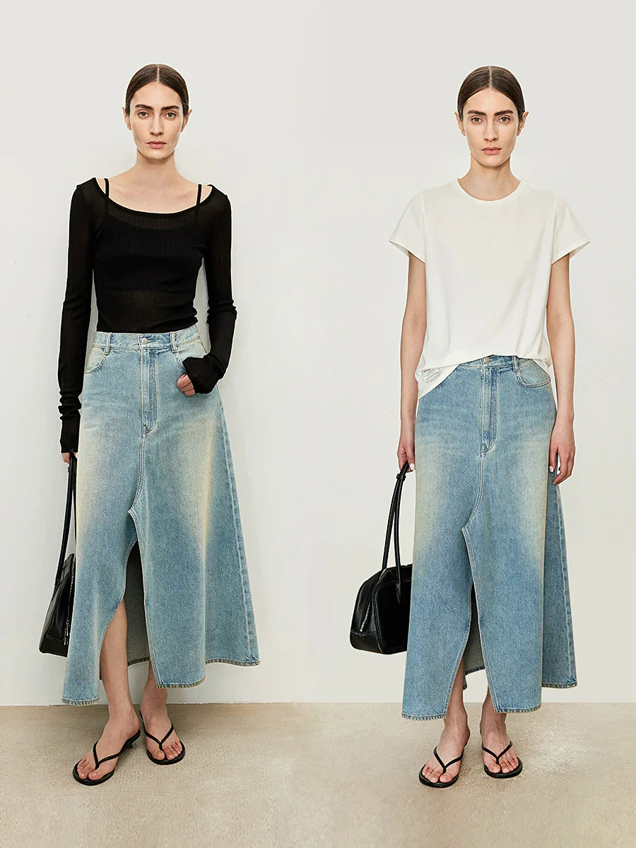 Front-SlitA-LineDenimSkirt - Image 2