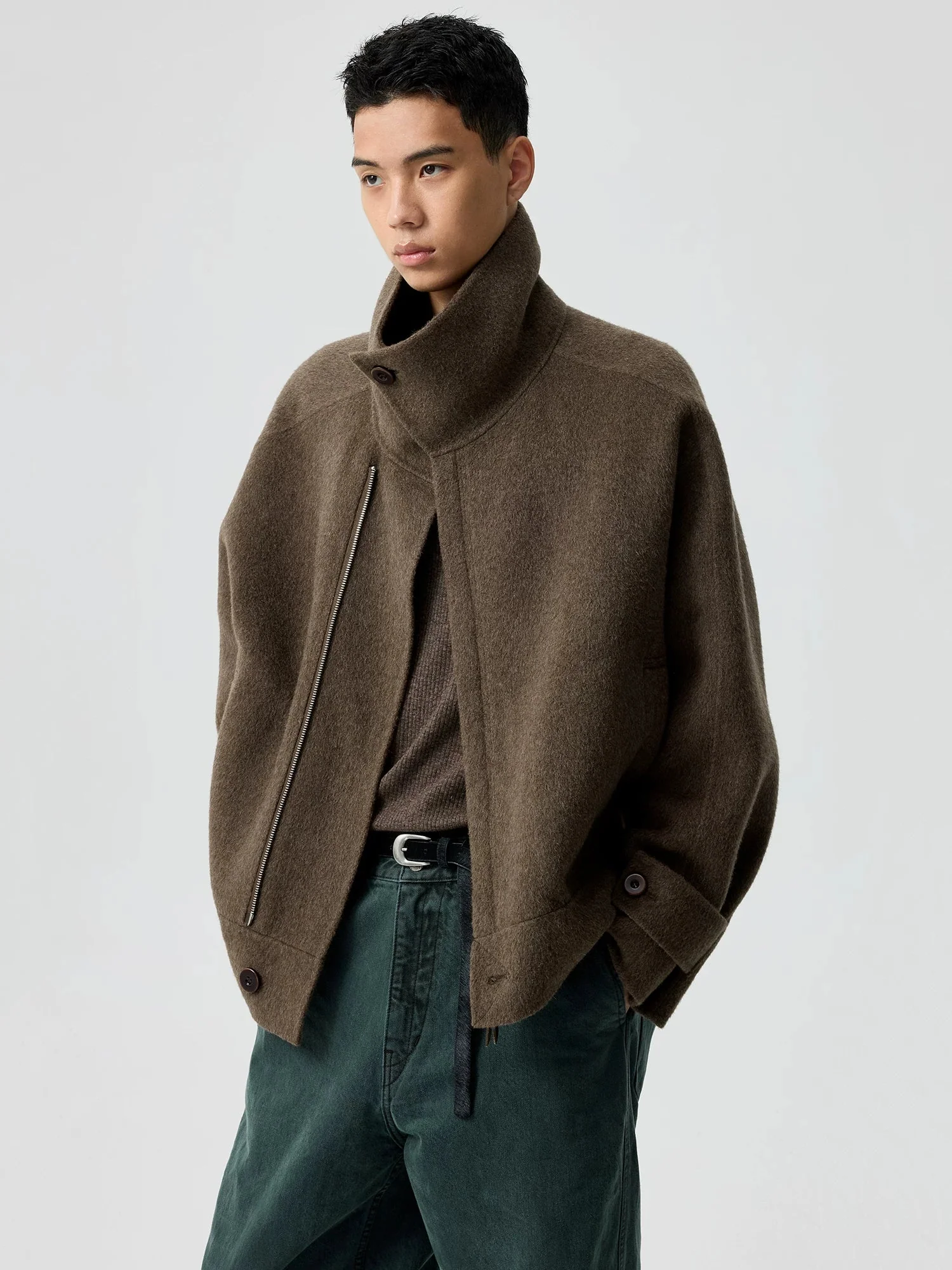 Funnel-Neck Double-Faced Wool Jacket