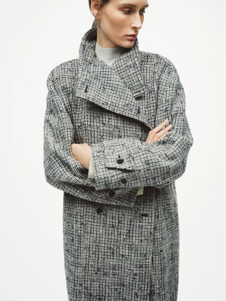 Funnel-Neck Tweed Coat