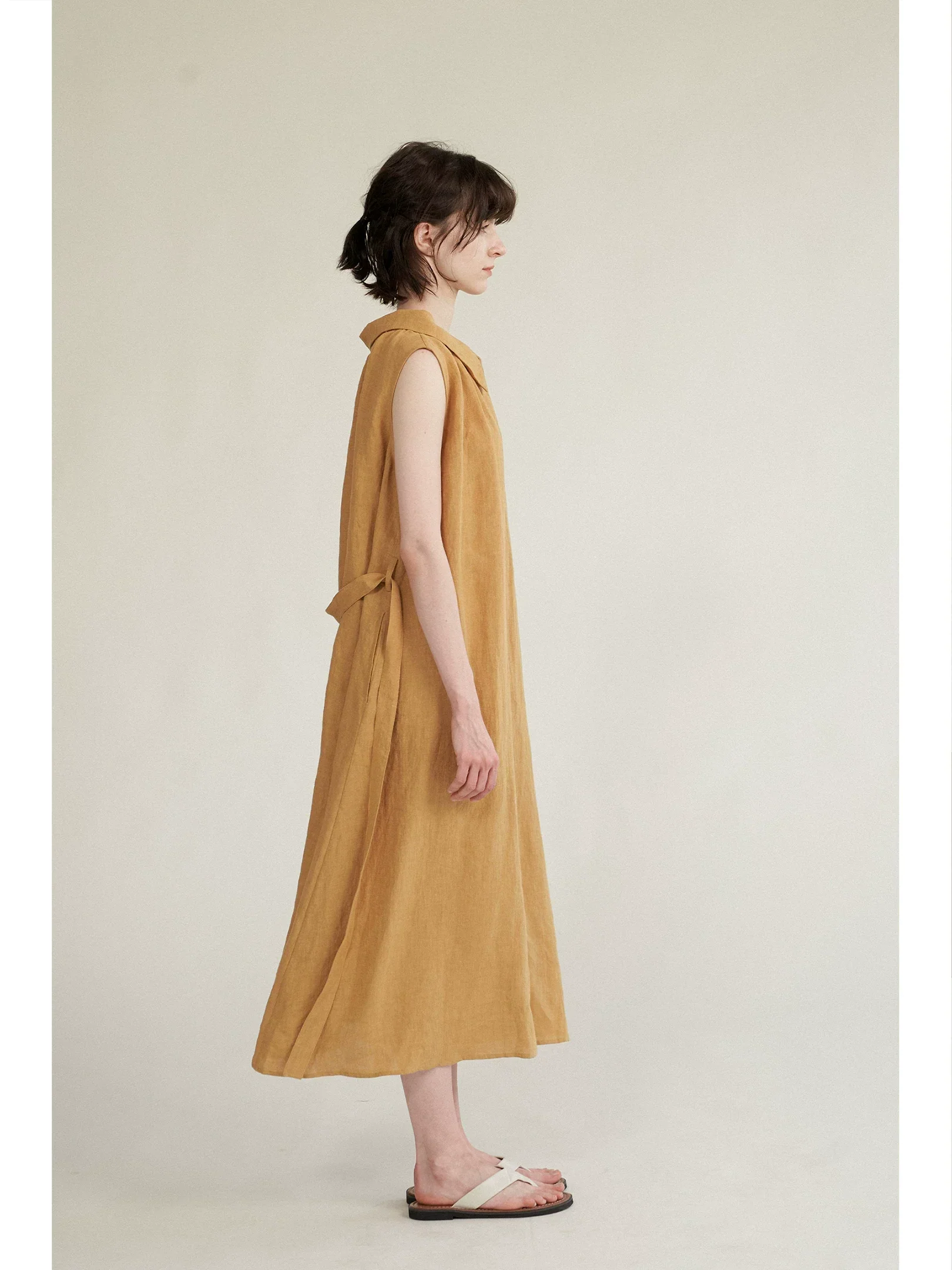 Gathered Neck Linen Belted Midi Dress - Image 2