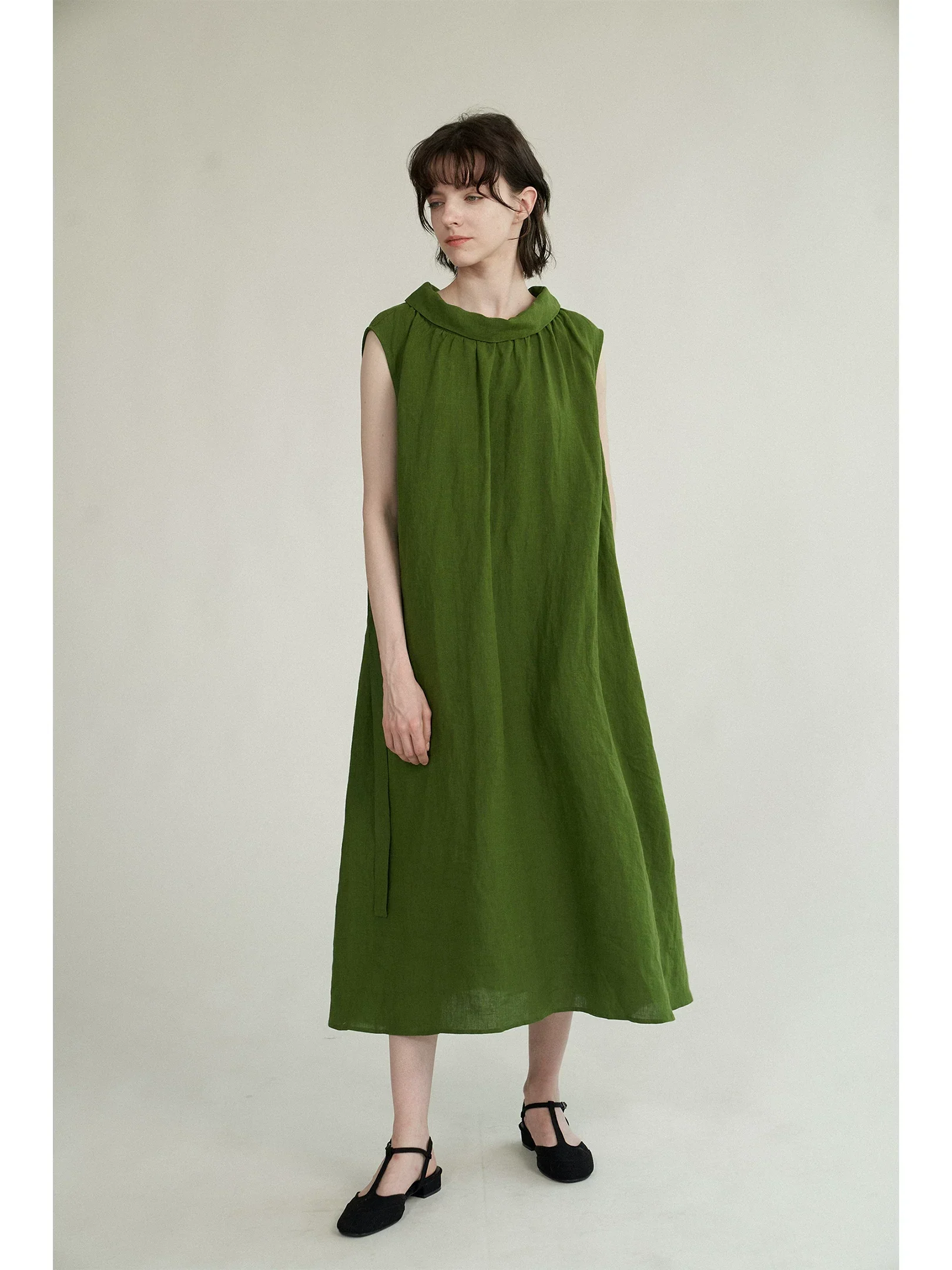 Gathered Neck Linen Belted Midi Dress - Image 3