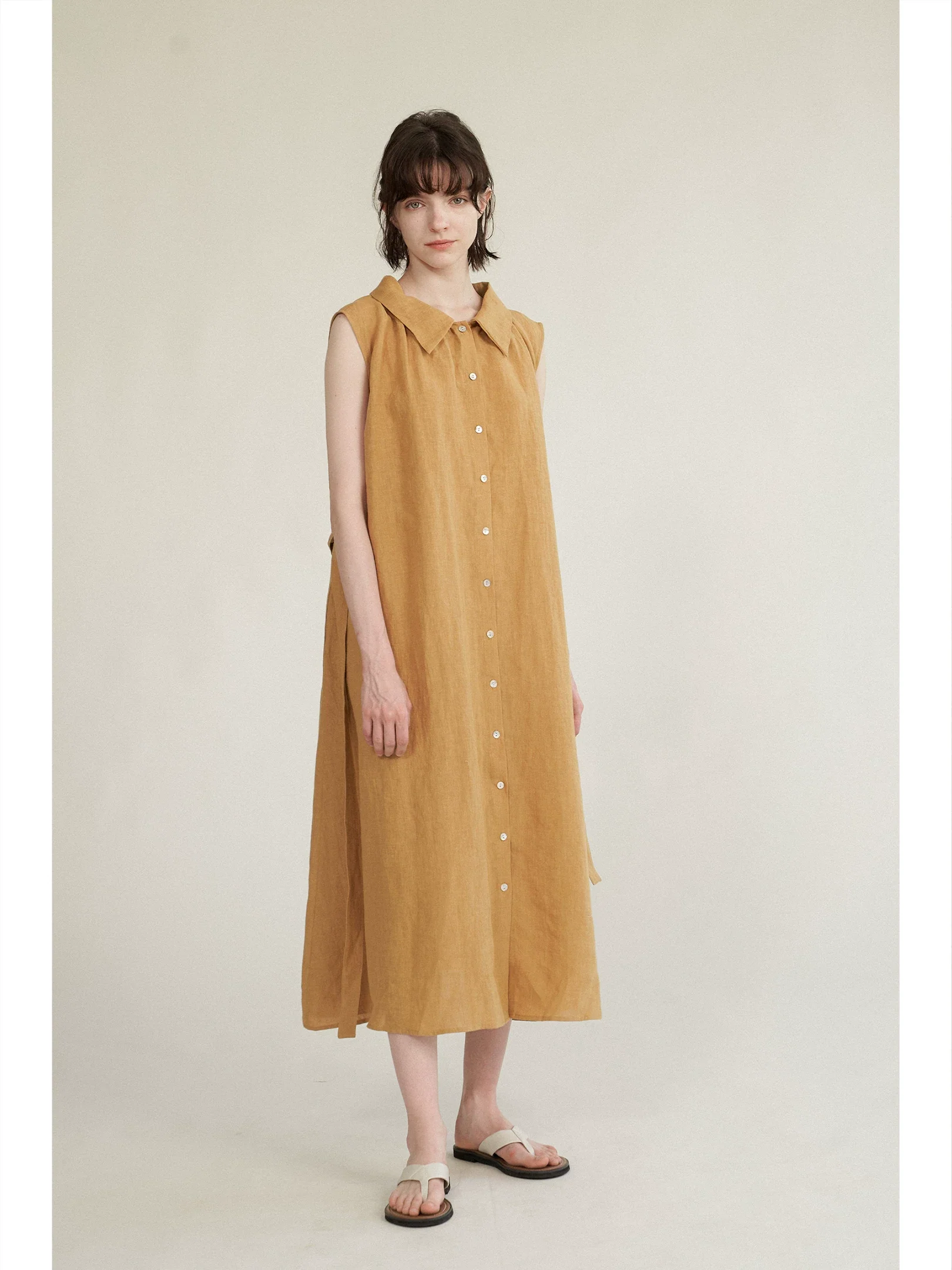 Gathered Neck Linen Belted Midi Dress - Image 6