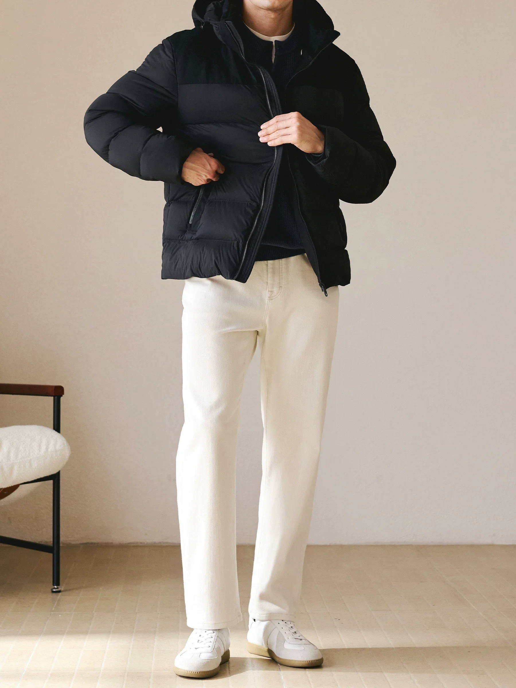 Goose Down Wool-Panel Hooded Jacket