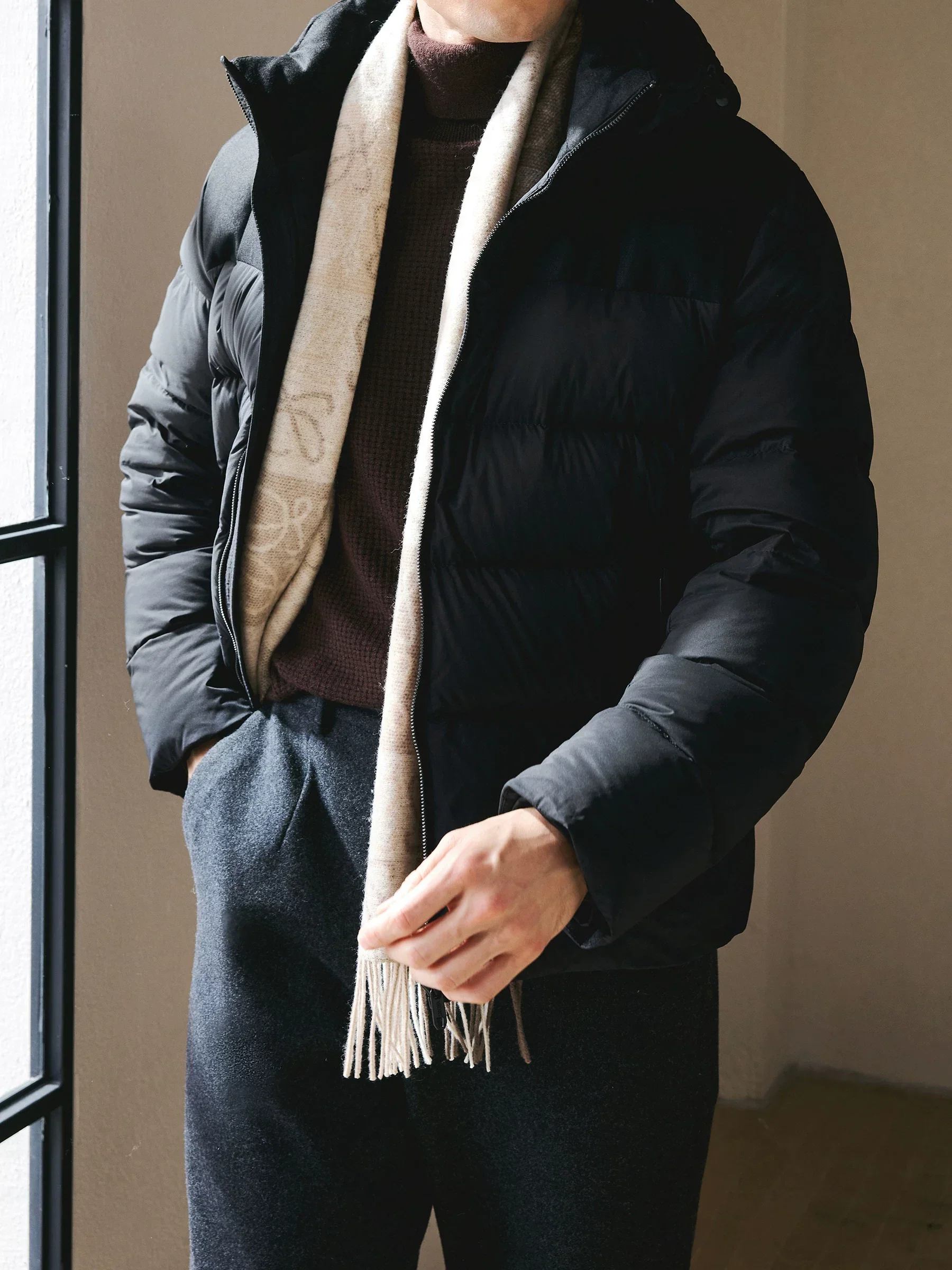 Goose Down Wool-Panel Hooded Jacket - Image 2