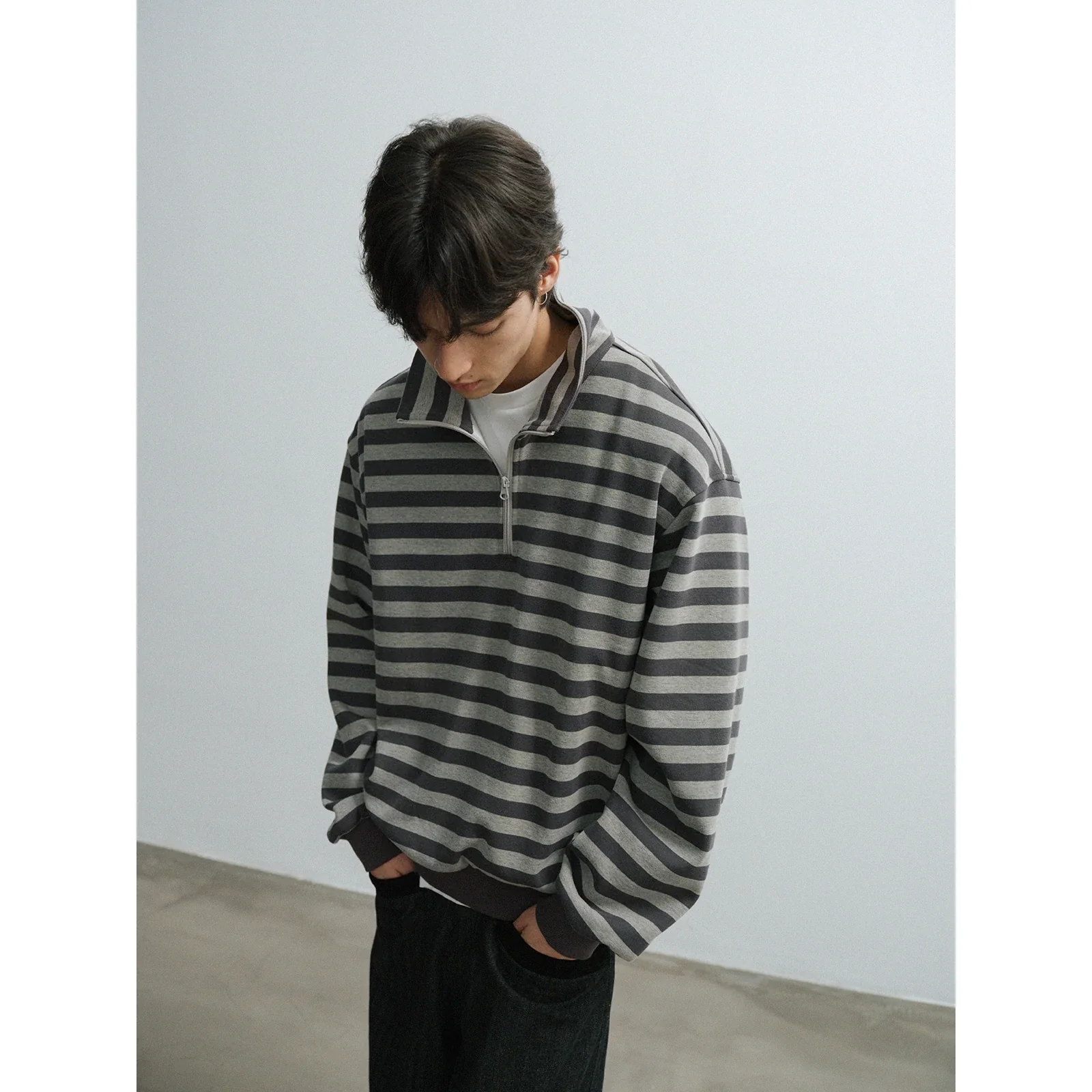 Gray Striped Half-Zip Sweater
