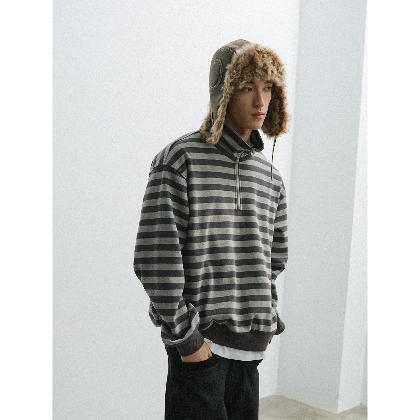 Gray Striped Half-Zip Sweater - Image 2