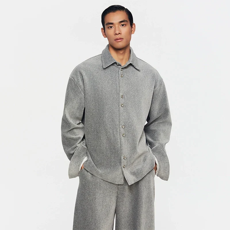 Gray Textured Button-Up Set