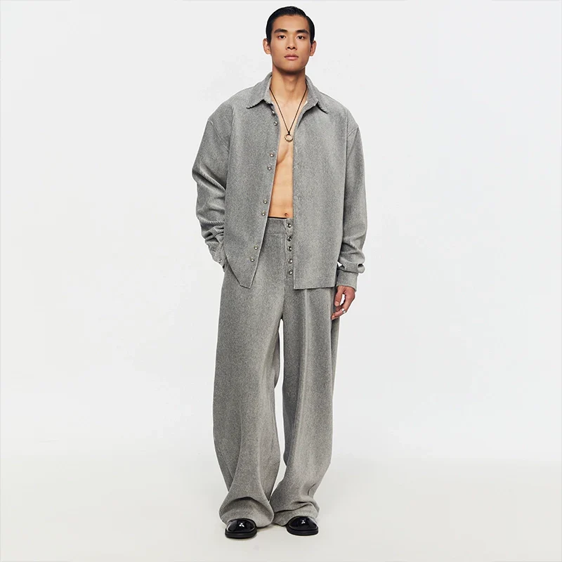 Gray Textured Button-Up Set - Image 2