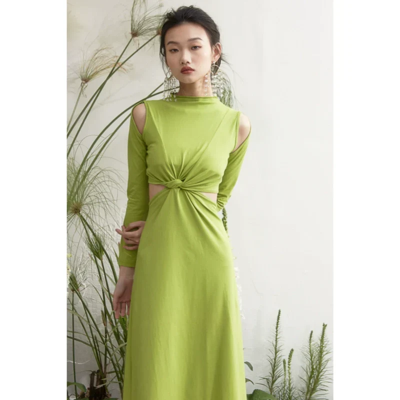 Green Knot Detail Long-Sleeve Dress