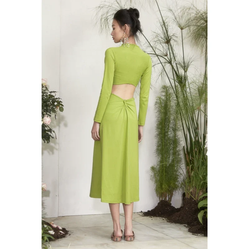 Green Knot Detail Long-Sleeve Dress - Image 2