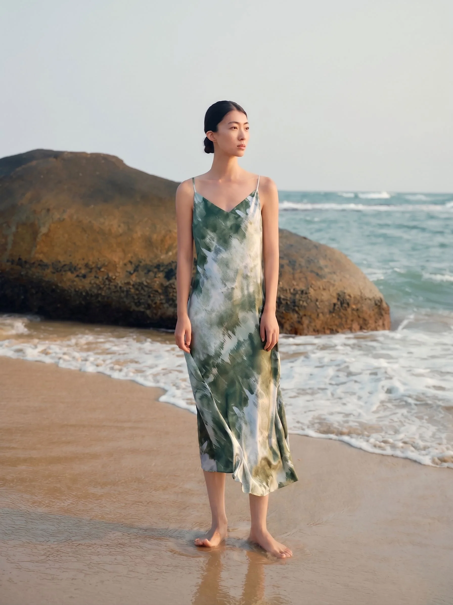 Green Print Mulberry Silk Slip Dress