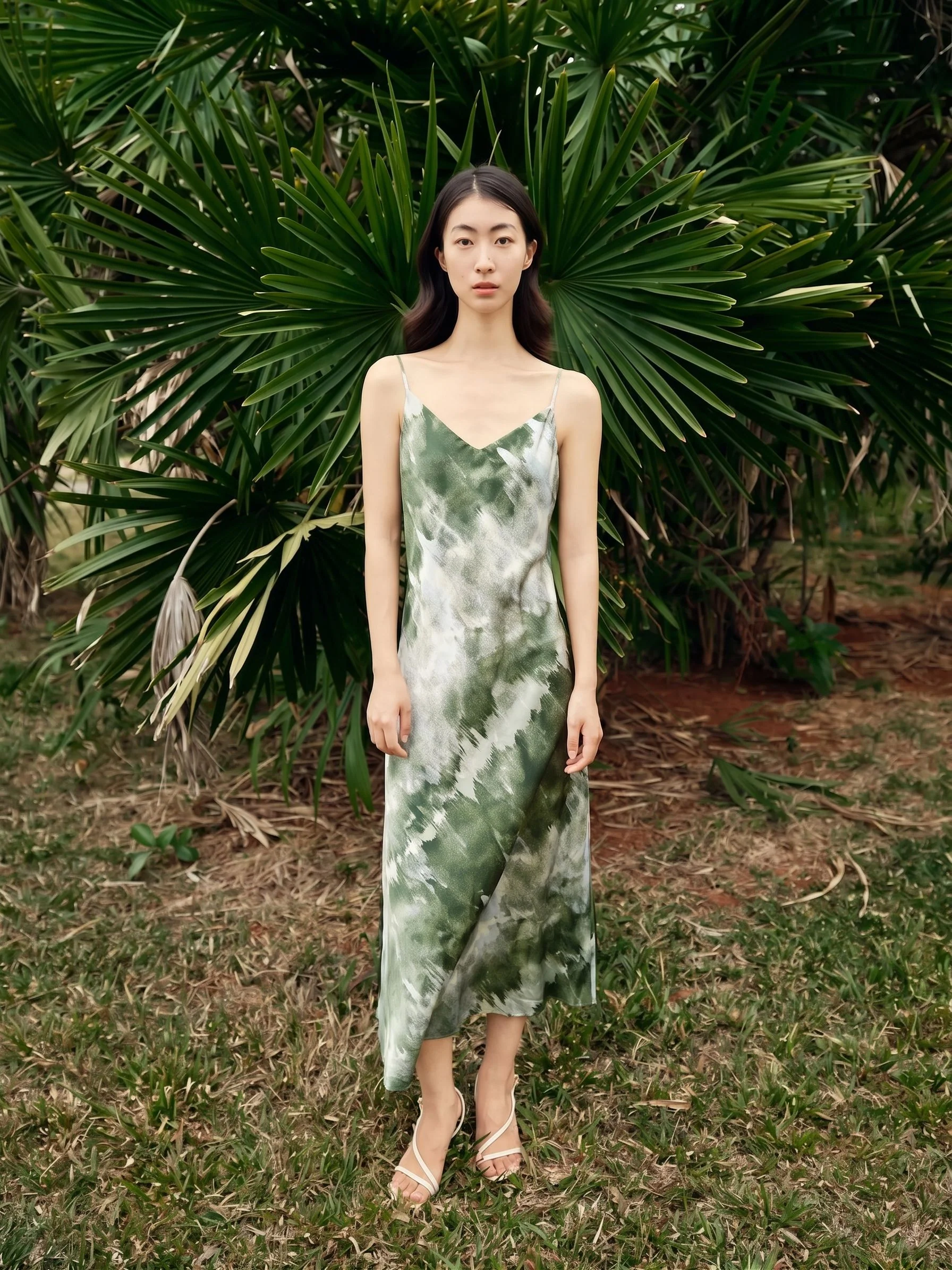 Green Print Mulberry Silk Slip Dress - Image 2