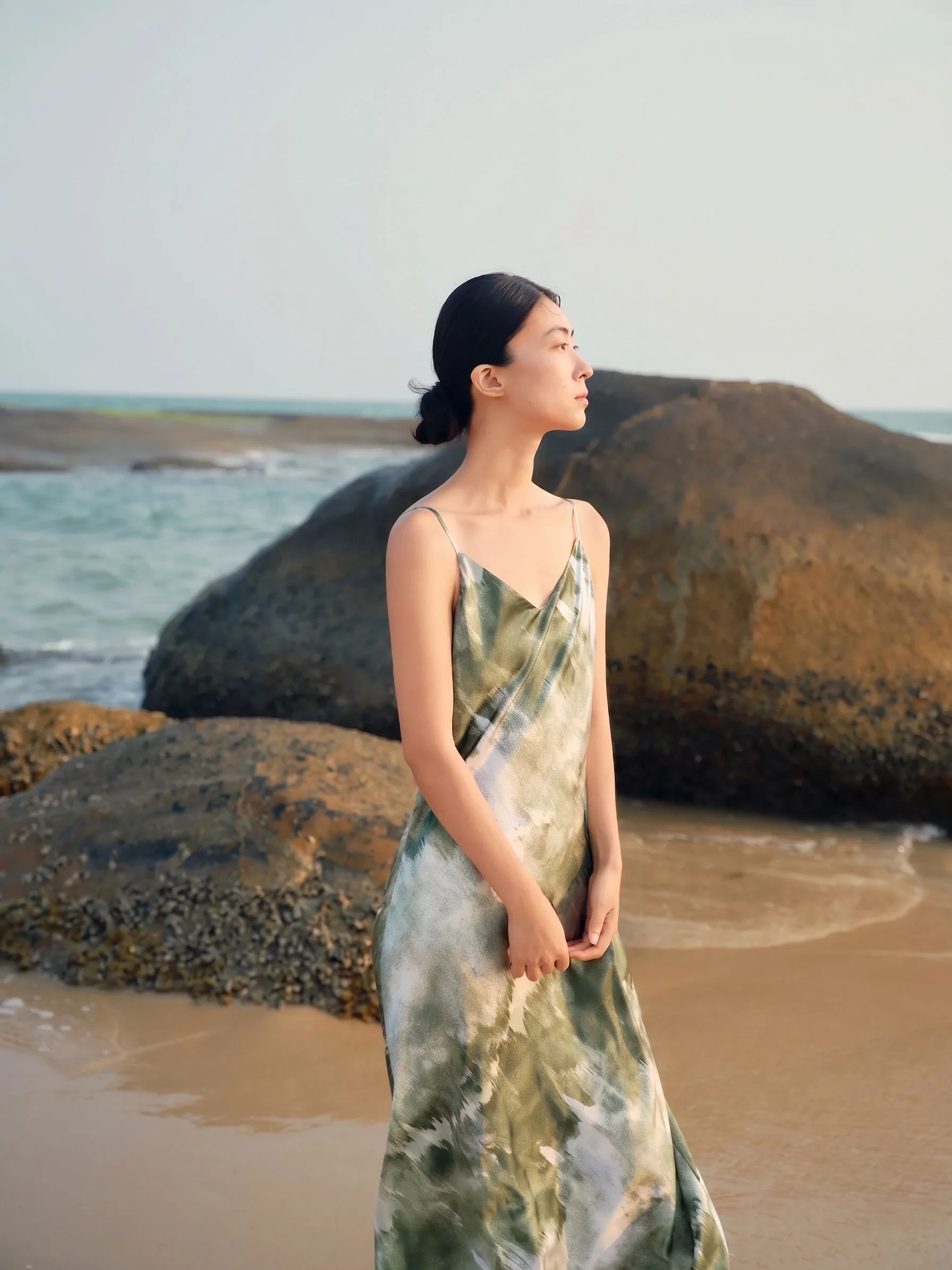 Green Print Mulberry Silk Slip Dress - Image 4
