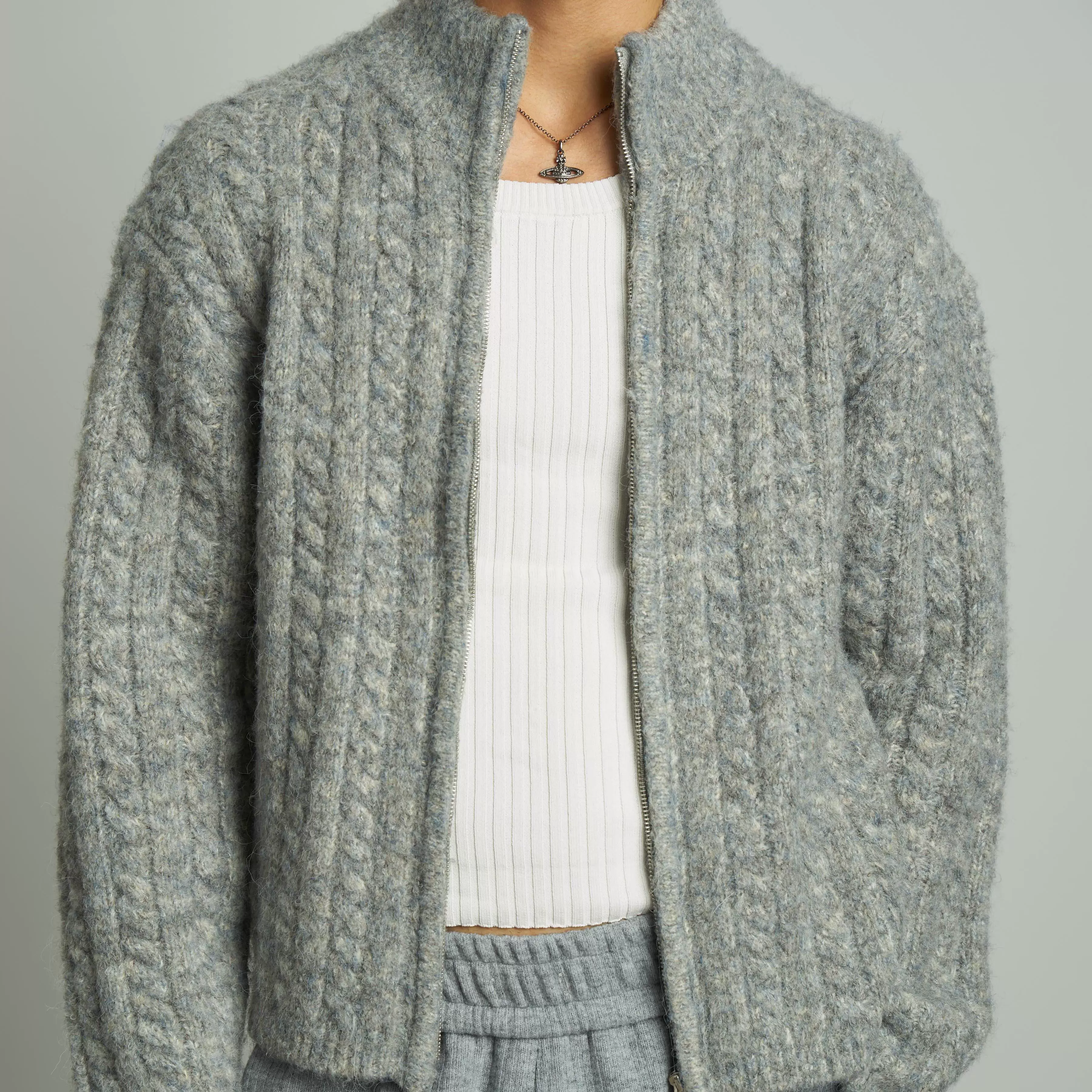 Grey Cable-Knit Zip-Up Cardigan