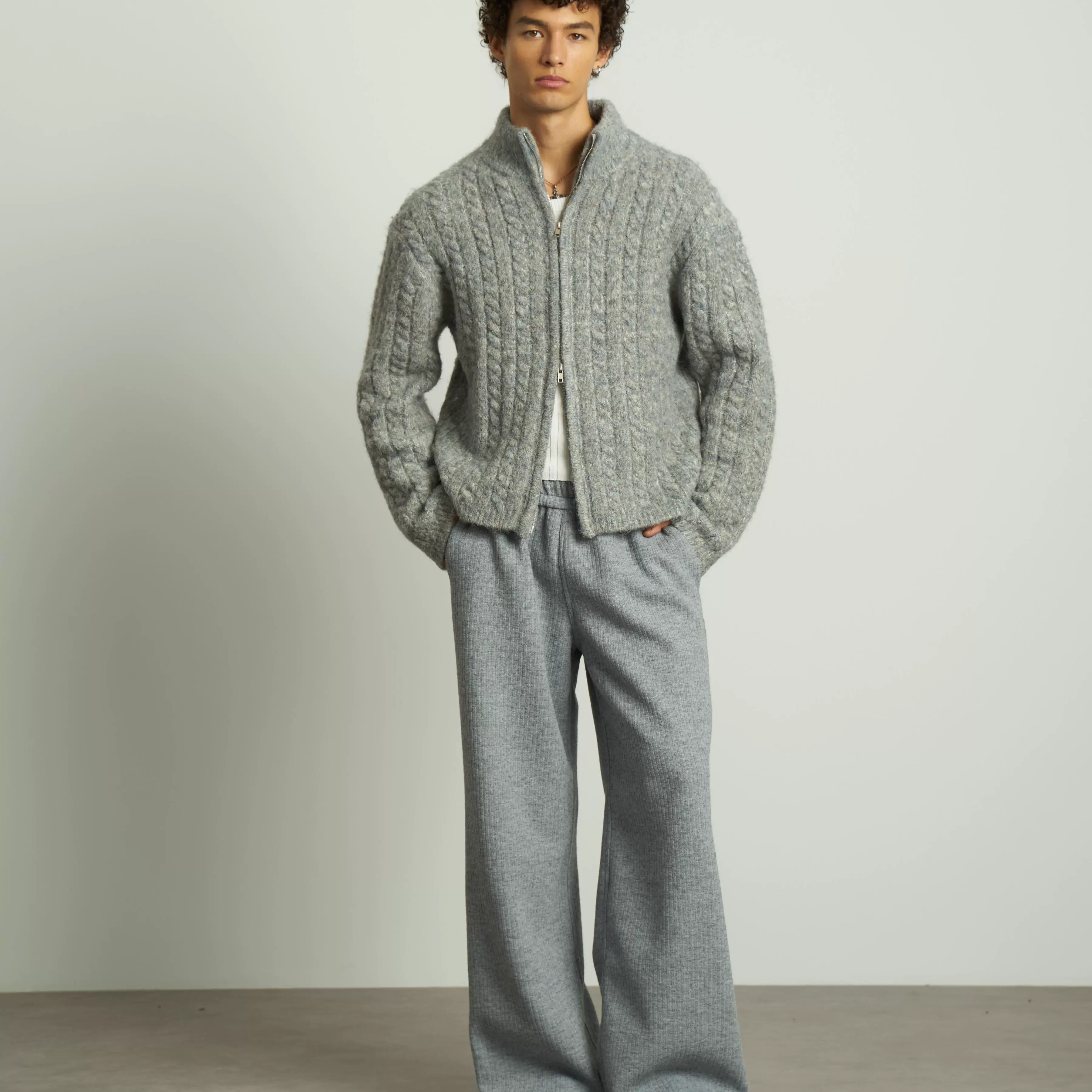 Grey Cable-Knit Zip-Up Cardigan - Image 2