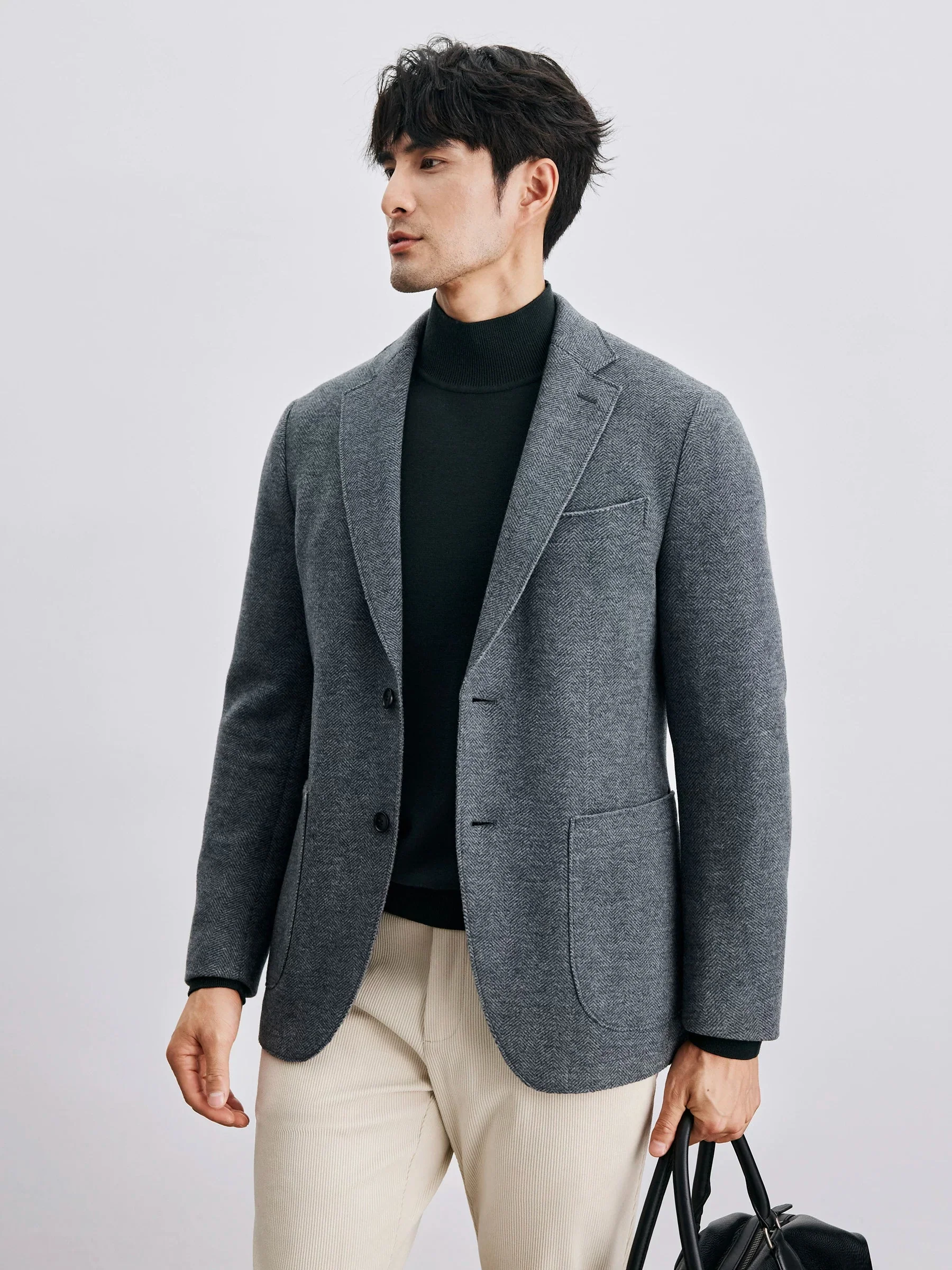 Grey Herringbone Knit Blazer