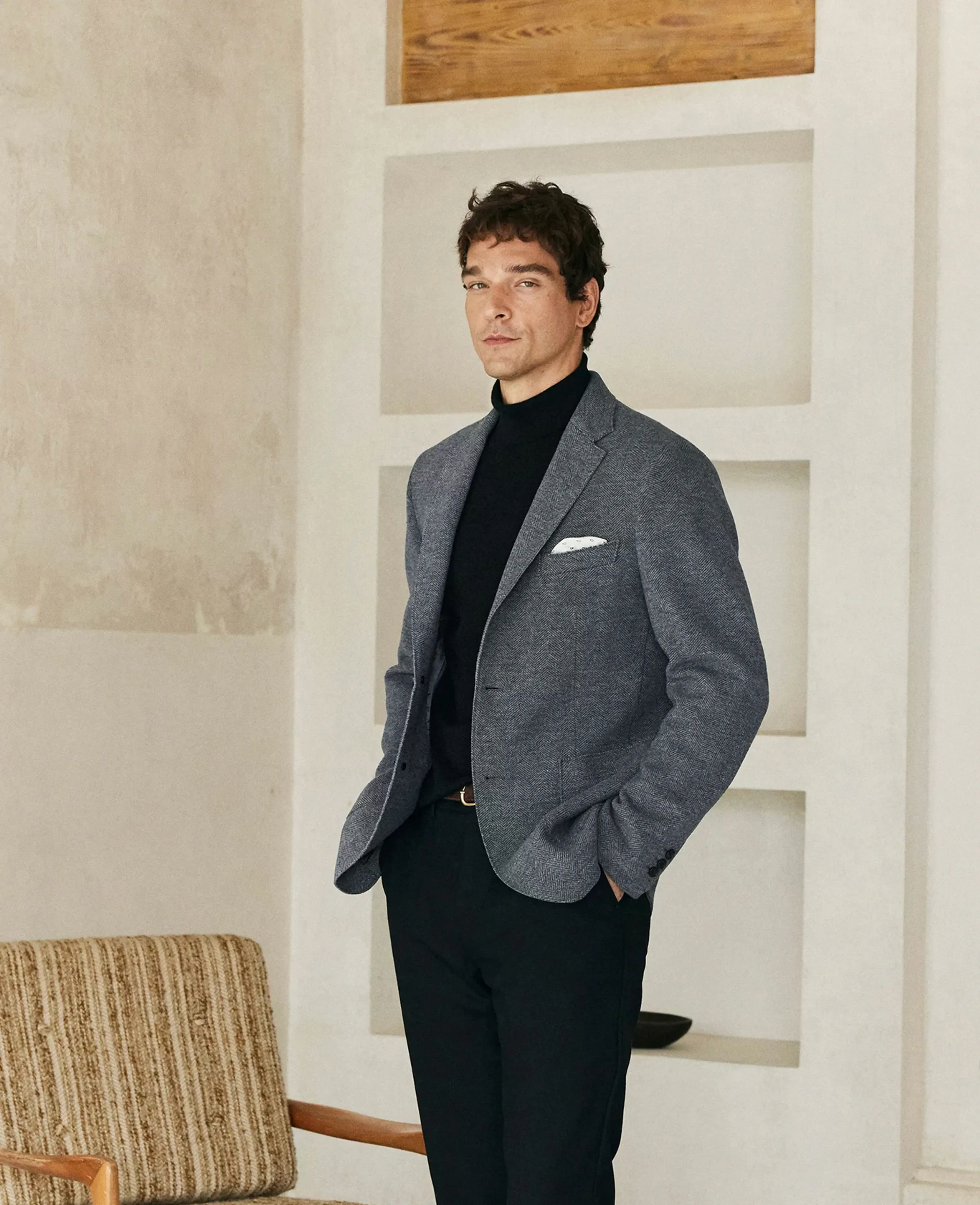 Grey Herringbone Knit Wool Blazer