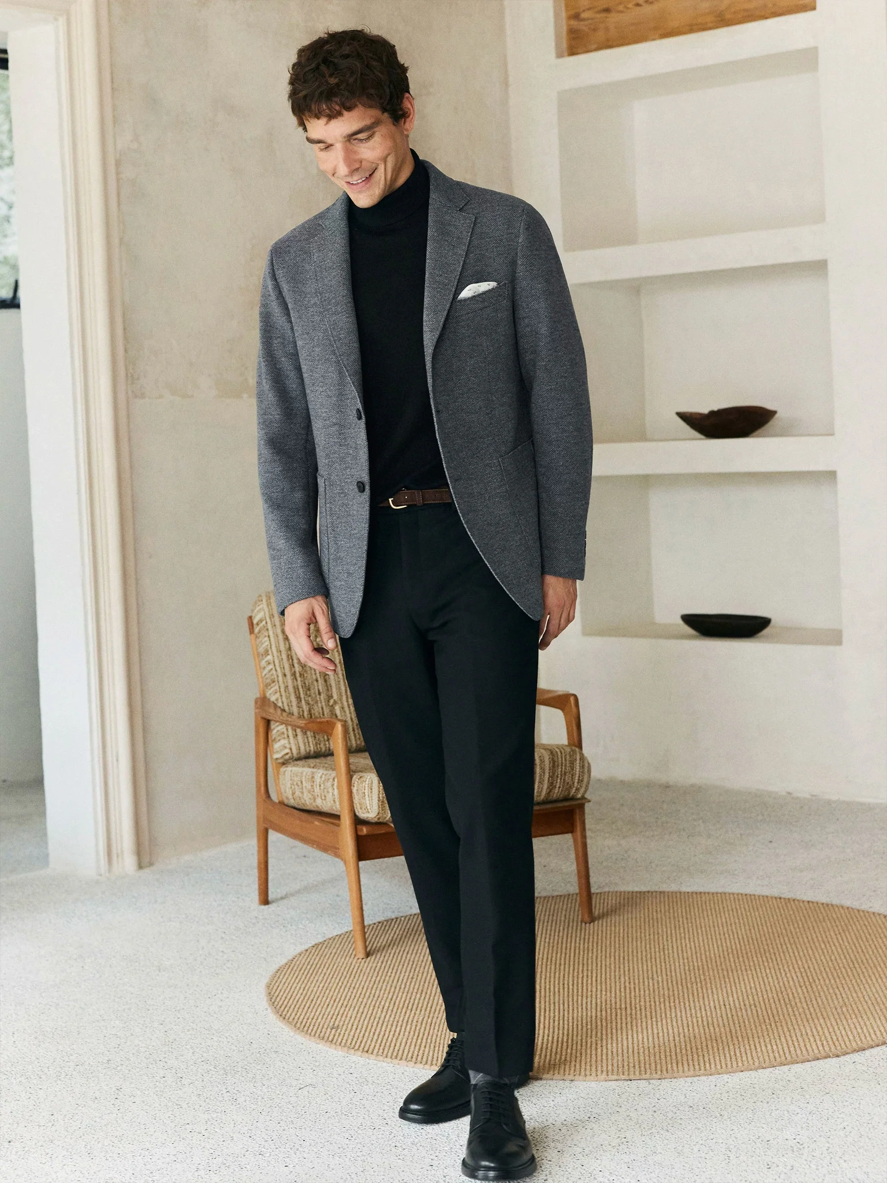 Grey Herringbone Knit Wool Blazer - Image 3