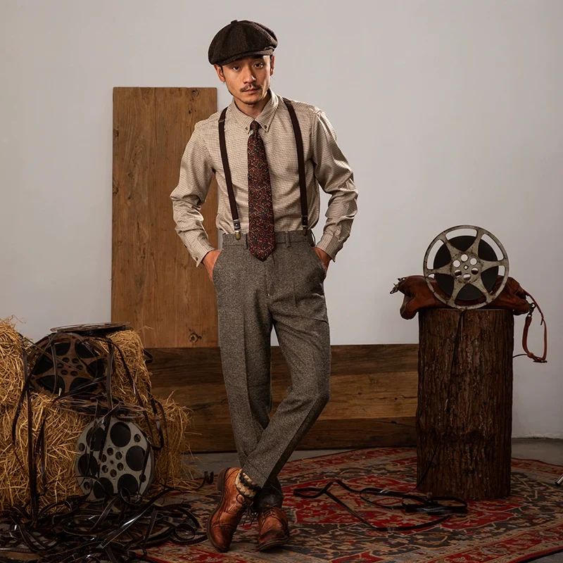 Grey Herringbone Pleated Trousers