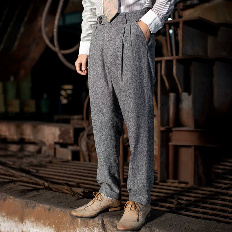 Grey Herringbone Pleated Trousers - Image 2