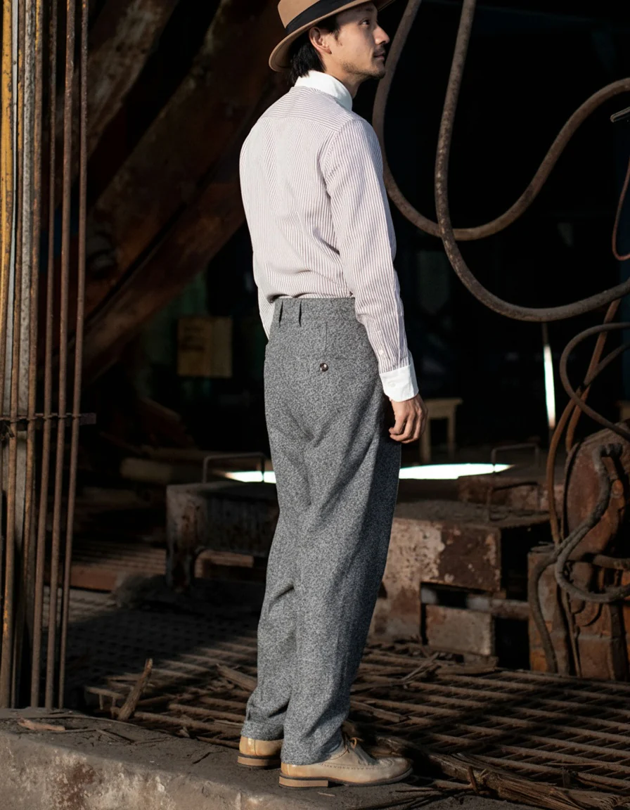 Grey Herringbone Pleated Trousers - Image 3