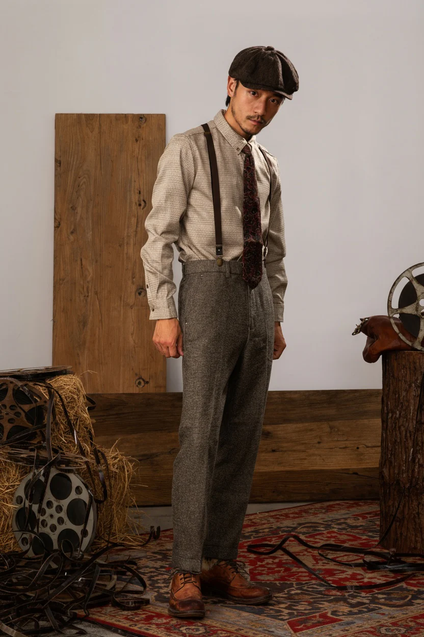 Grey Herringbone Pleated Trousers - Image 4