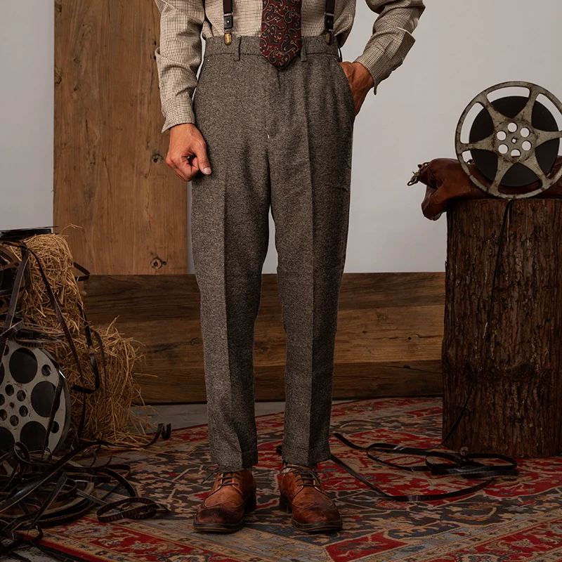 Grey Herringbone Pleated Trousers - Image 5