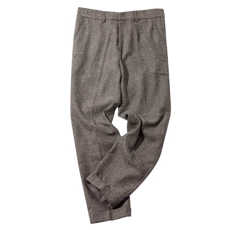 Grey Herringbone Pleated Trousers - Image 6